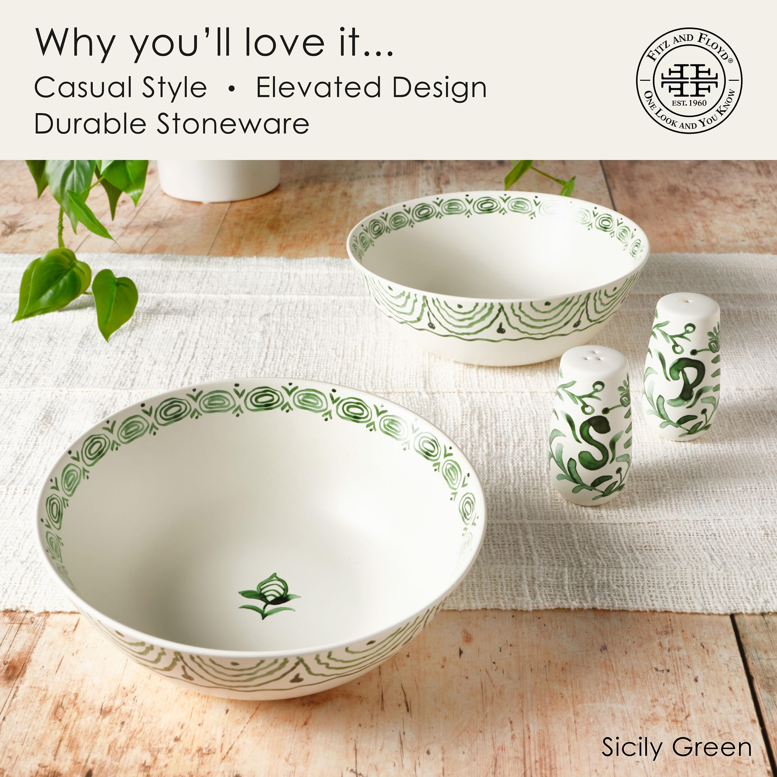 Fitz and Floyd Sicily Green miski do serwowania z solniczką i pieprzniczką, zestaw 2 szt