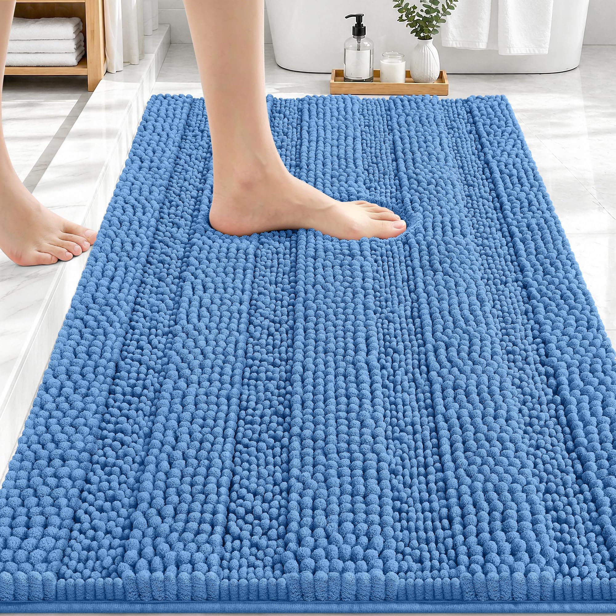 OLANLY Thick Bathroom Rugs 30x20, Soft Chenille Bath Rugs, Cornflower Blue
