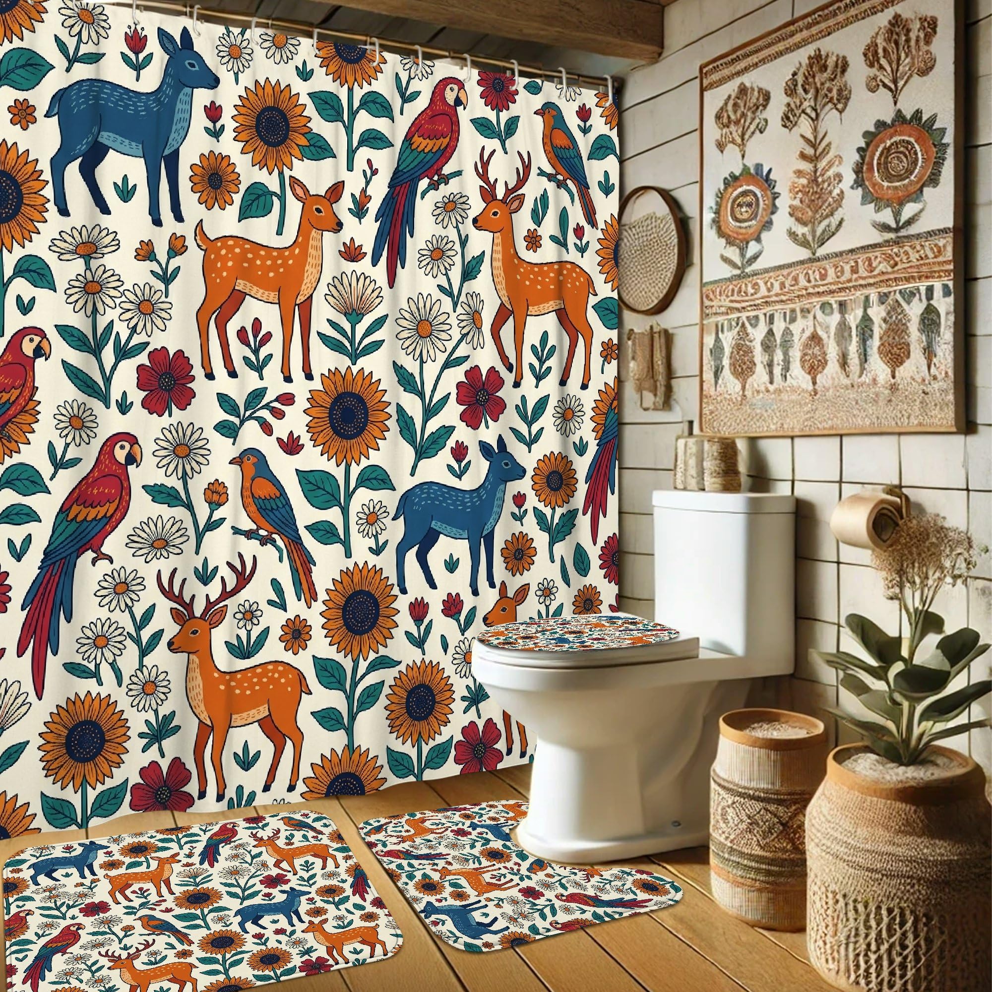 Ensemble rideau de douche perroquet orange lavable avec crochets et tapis de bain pour la maison