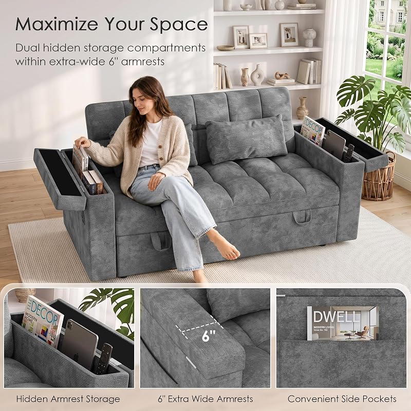 QSQG 65'' Sleeper Sofa Bed, Pull Out Couch for Living Room(Darkgray) image 5