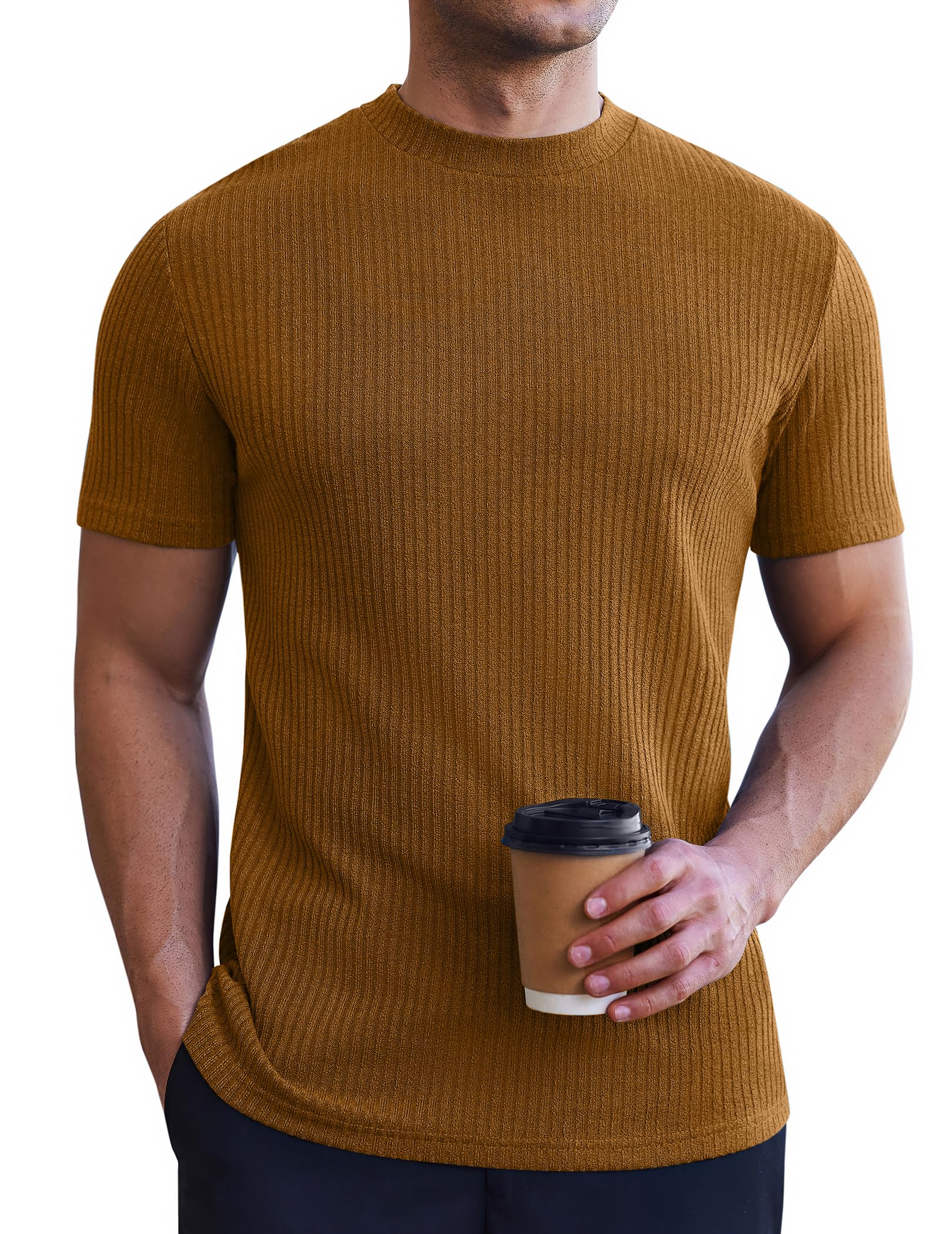 Ekouaer Mens Mock Turtleneck Short Sleeve Knit T Shirts Slim Fit Basic Thermal Tops Lightweight Tee S-XXXL