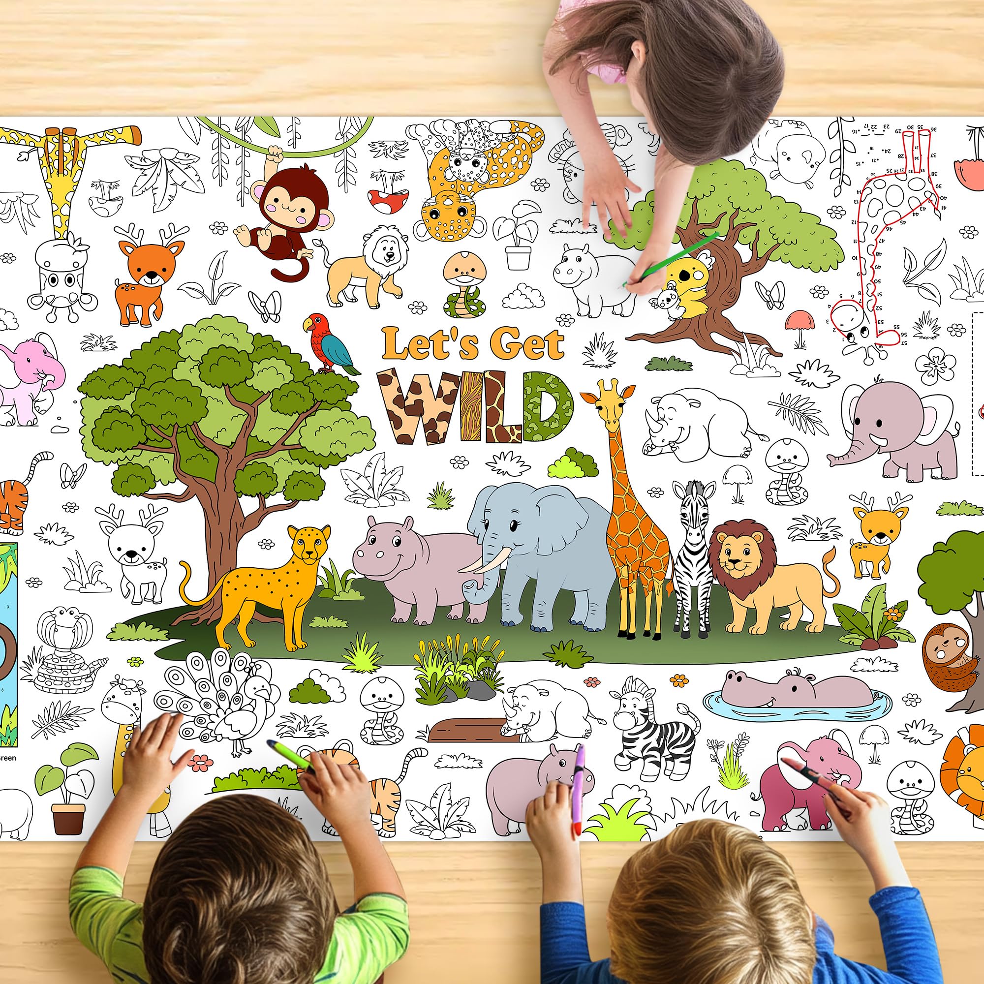 Wild Coloring Tablecloth for Kids, Jumbo 30x72 Inch Poster with Jungle Animals, Leaves, Safari Scenes, Perfect for Wild Party Games, Jungle Decorations, Classroom Fun, Celebration Supplies