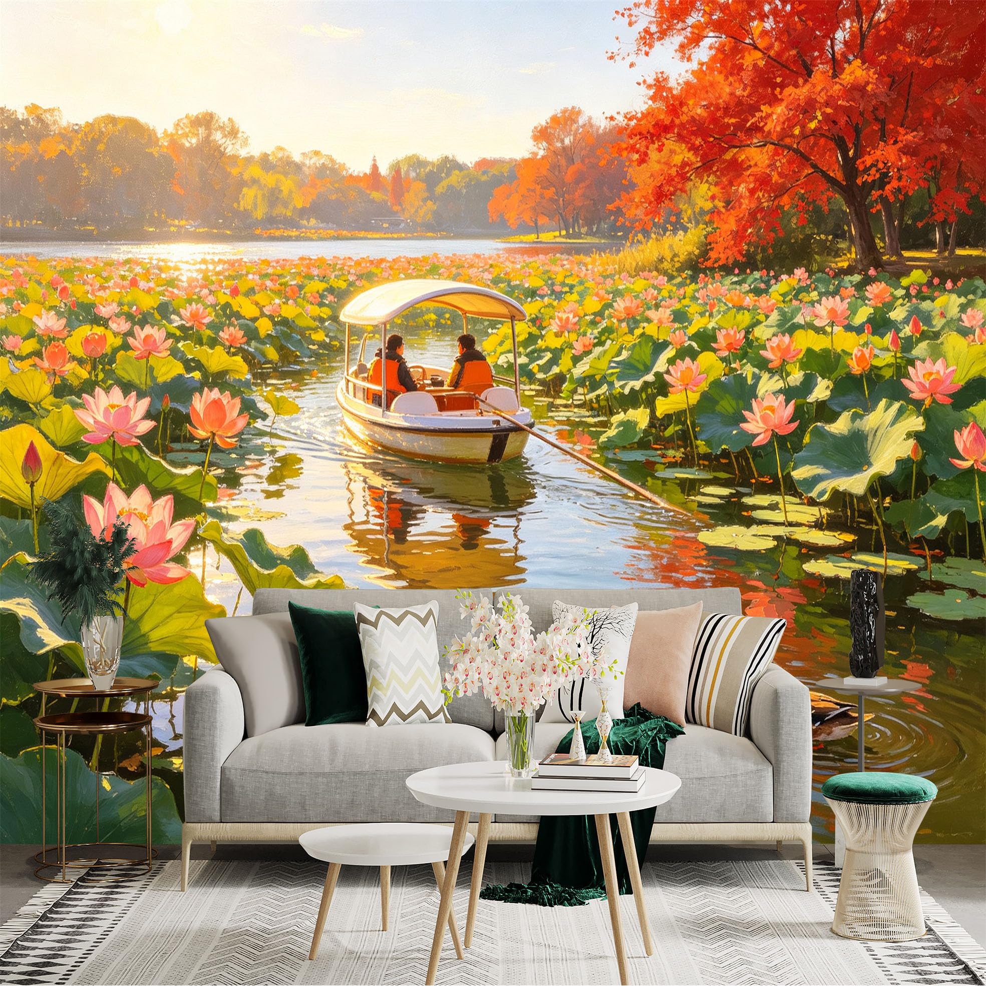 Custom Size Wall Sticker Mural， Scenic Lotus Pond， Boat on Calm Water， Vibrant Autumn Foliage， Mandarin Ducks， for wall Decoration， peelandstick wall Decals.