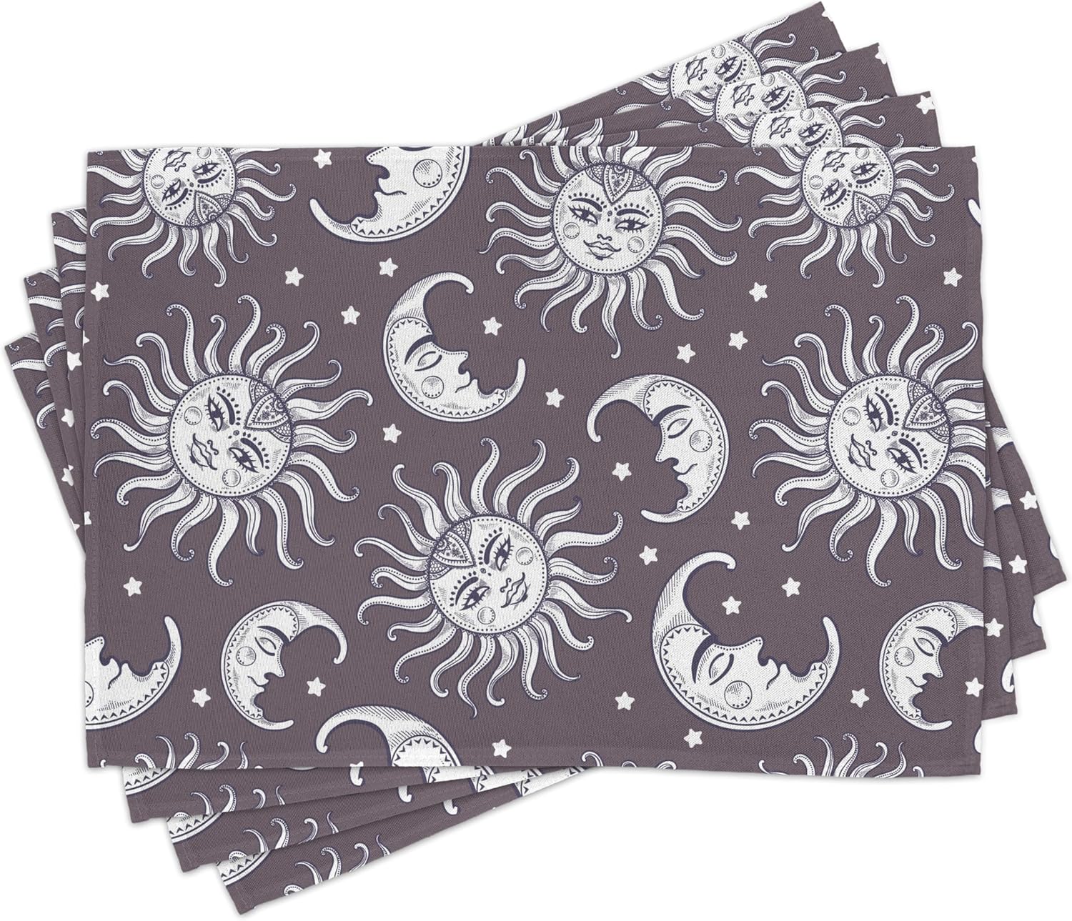 Lunarable Sun and Moon Table Runner & Placemats, Coloring Book Style Celestial Motif with Faces Inspirations, Set for Dining Table Decor, Placemat 4 pcs + Runner 16"x72", Dried Rose Black White