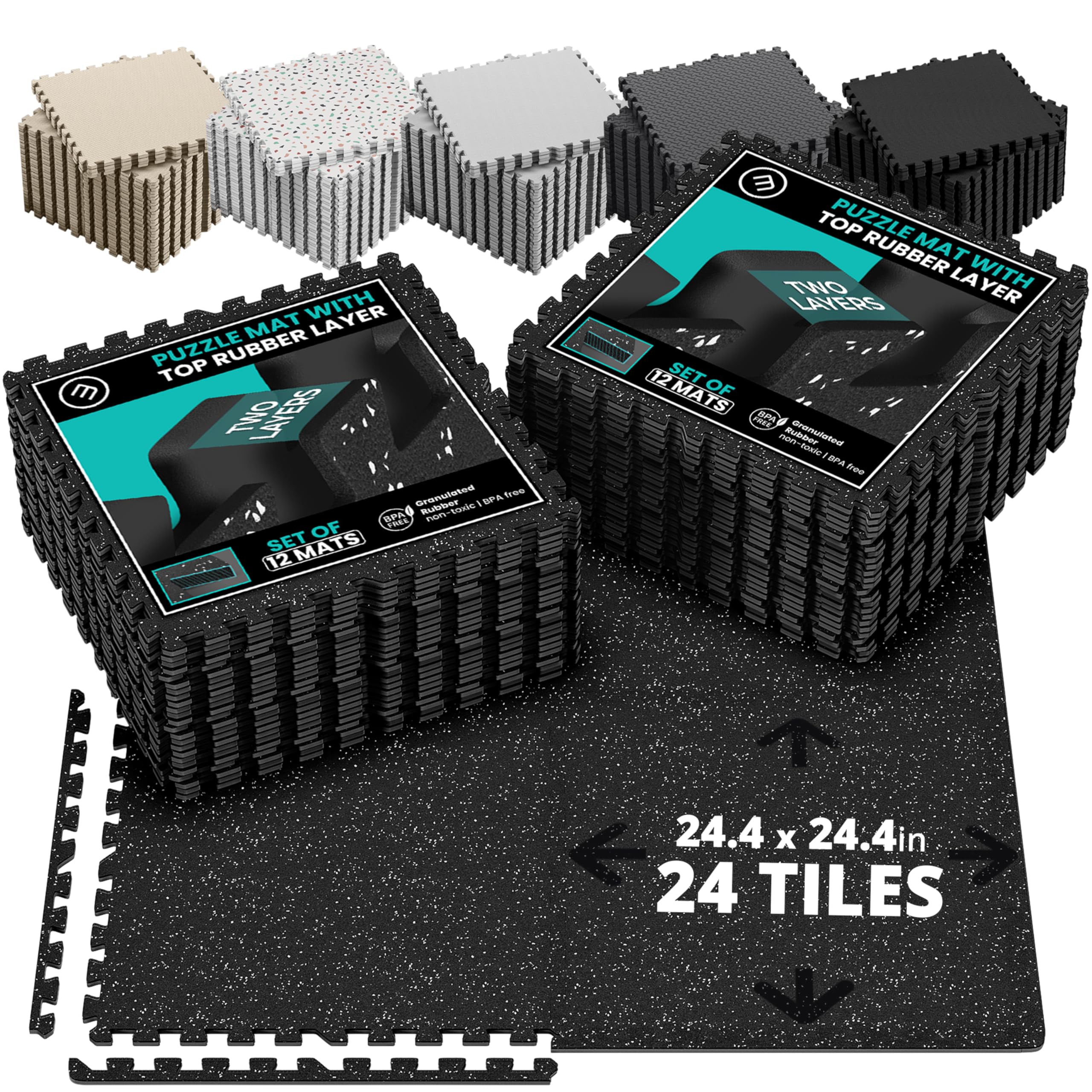 bemaxx Gym Mats Set - 24 pcs EVA Interlocking Foam Floor Tiles (24.4"x24.4"x0.4") 96 sqft Protective Gym Flooring Sports Home Workout Exercise Mats Puzzle Garage Fitness Play-Room Pool Treadmill Bike