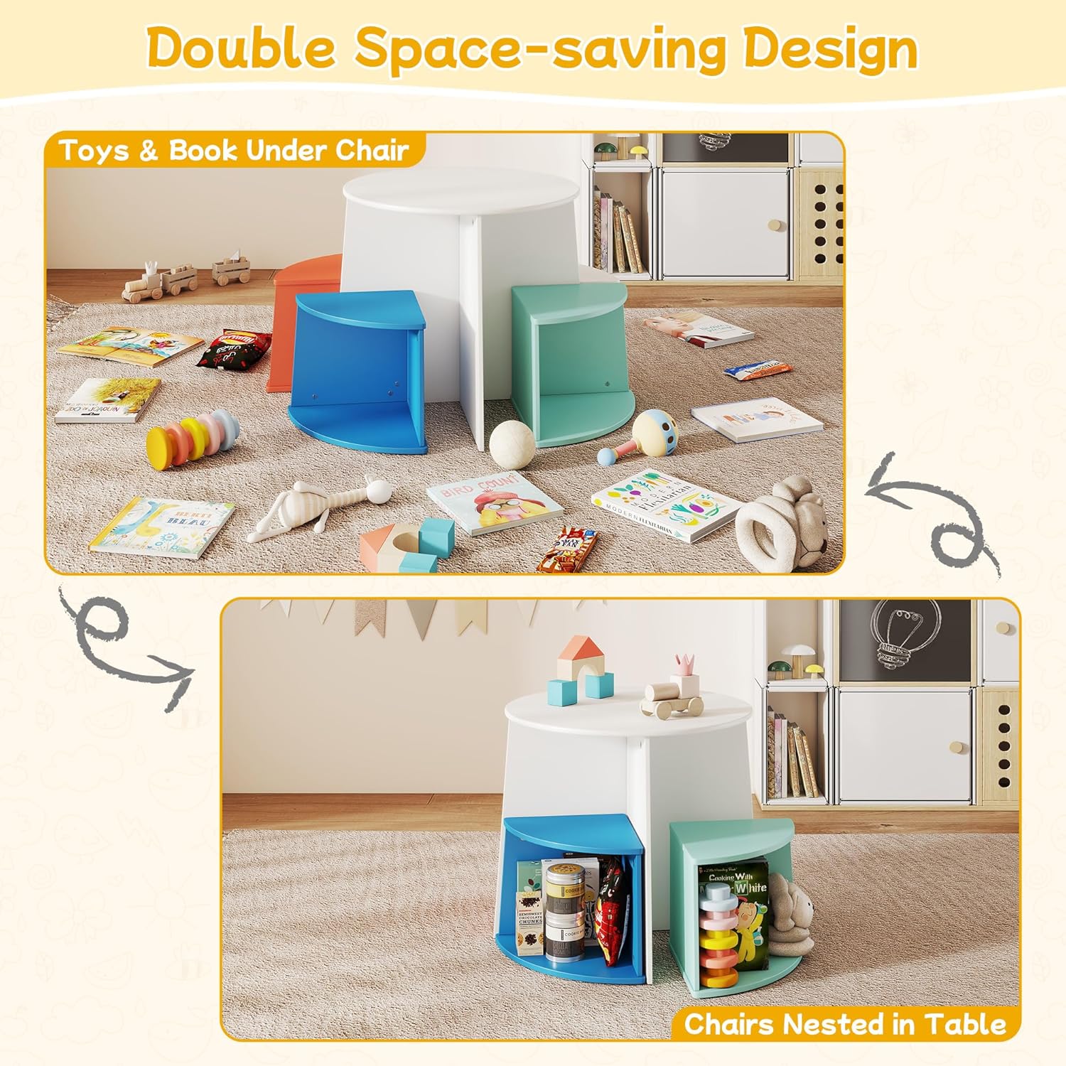 Toddler Table and Chair Set with Graffiti Desktop, Wooden Round Kids Table with 4 Storage Stools, Kid Activity Tables for Nursery/Daycare/Home, Kids Tables and Chairs for Art/Read/Craft/Draw