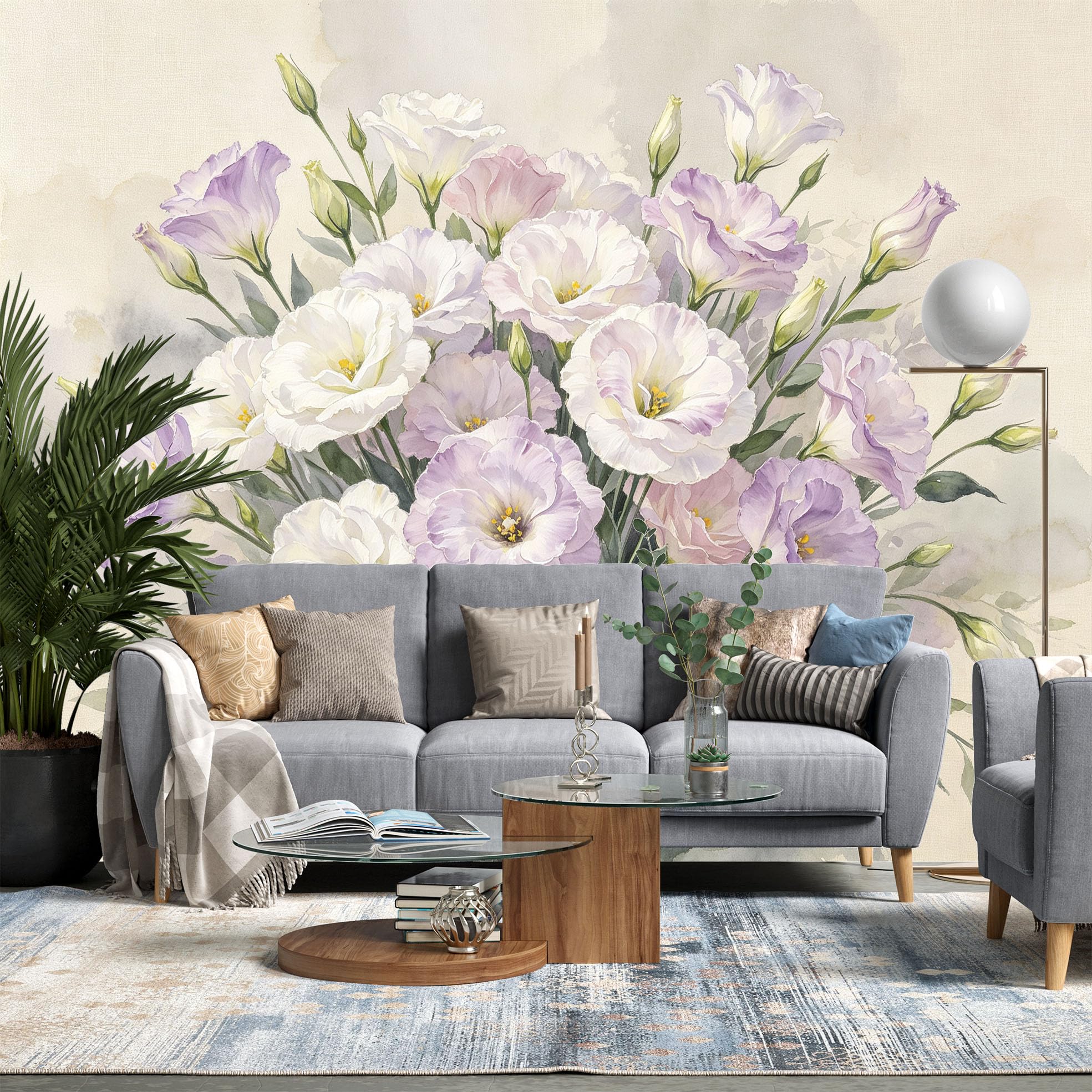 Papier Peint Photo Mural Floral Aquarelle Eustoma Intissé 500 x 280 cm Motif Floral Décoration Fresque Murale Moderne pour Salon Chambre et Intérieur.