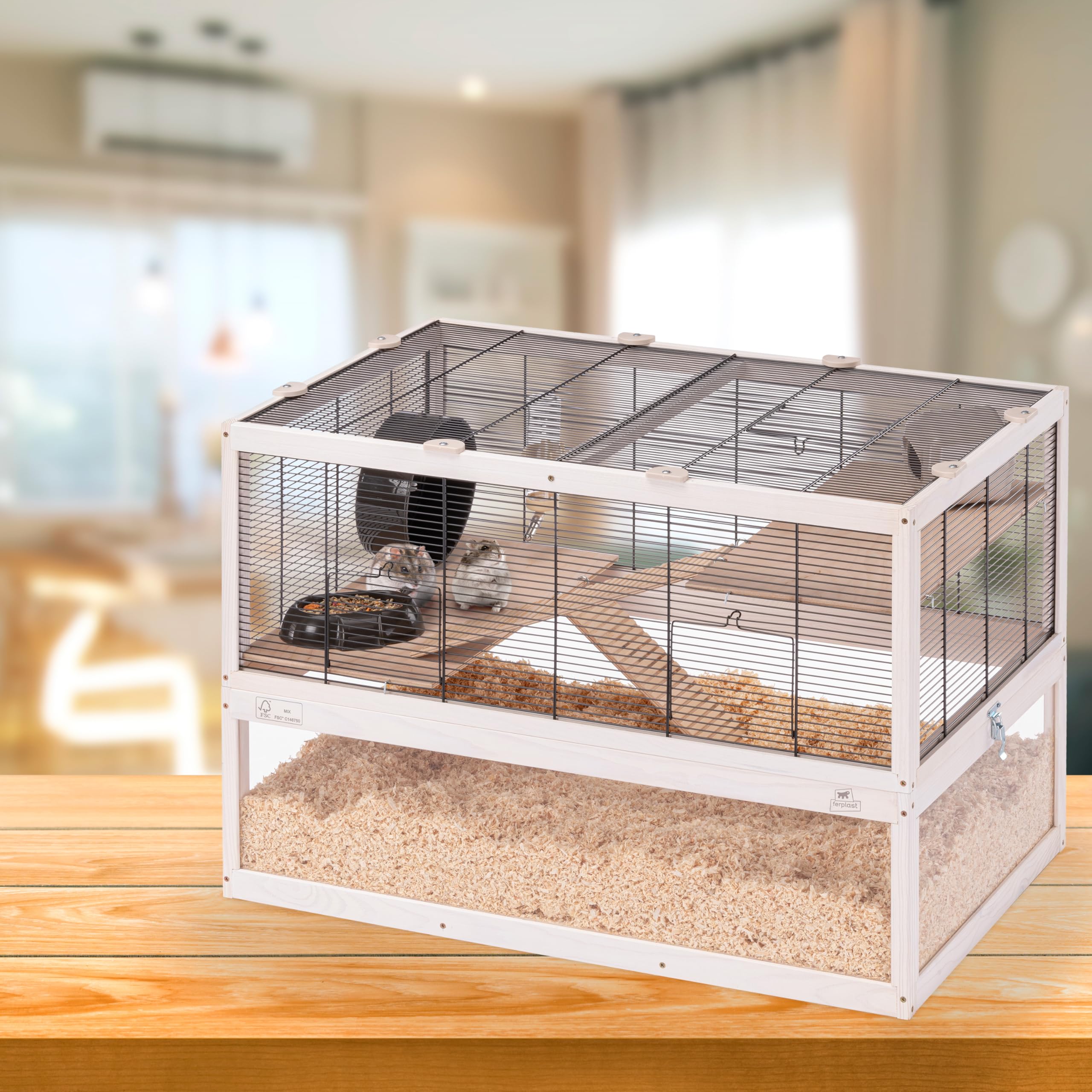 Ferplast Gabbia per criceti DOMSTER, Gabbia per topi a 3 livelli, con accessori, piattaforme e scale, metallo verniciato e legno FSC, base trasparente, gabbia per criceti in legno 80 x 50 x h 56 cm