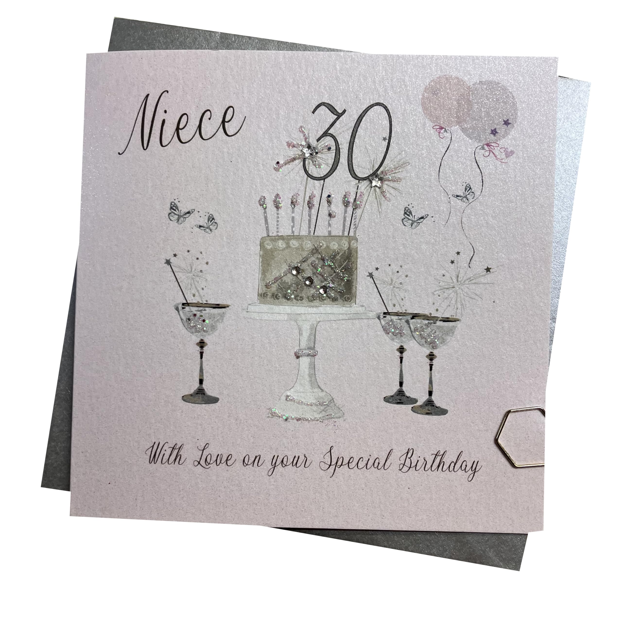 WHITE COTTON CARDS Happy 30th Birthday Card Niece Sparkly Cake & Glasses Pink SS42-NIE30