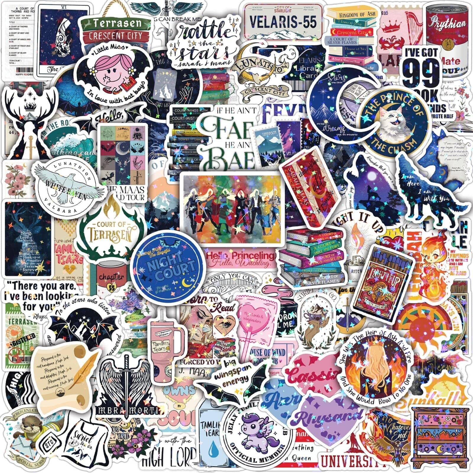 Mistar Multicolored 102 Pcs Sjm Fantasy Book Stickers, Holographic Bookish Acotar Stickers For Kindle Ipad Laptops Water Bottles Crescent City Throne Of Glass Merch Waterproof Decals Party Sticker Pack Gifts