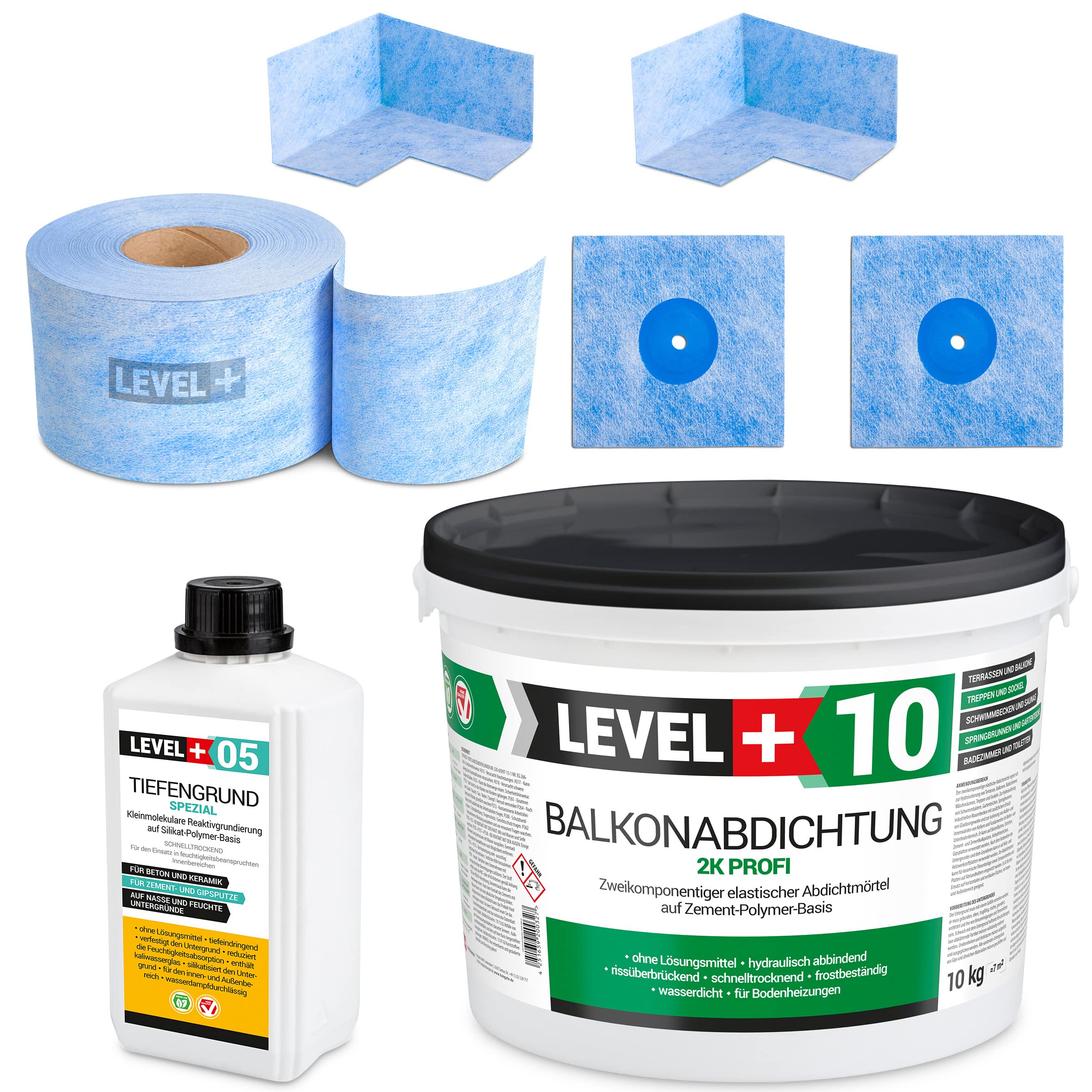 Dichtset 10Kg Balkonabdichtung, Dichtschlämme 2K, Badabdichtung, Dusche, Treppe, Terrasse LEVEL+ SET26