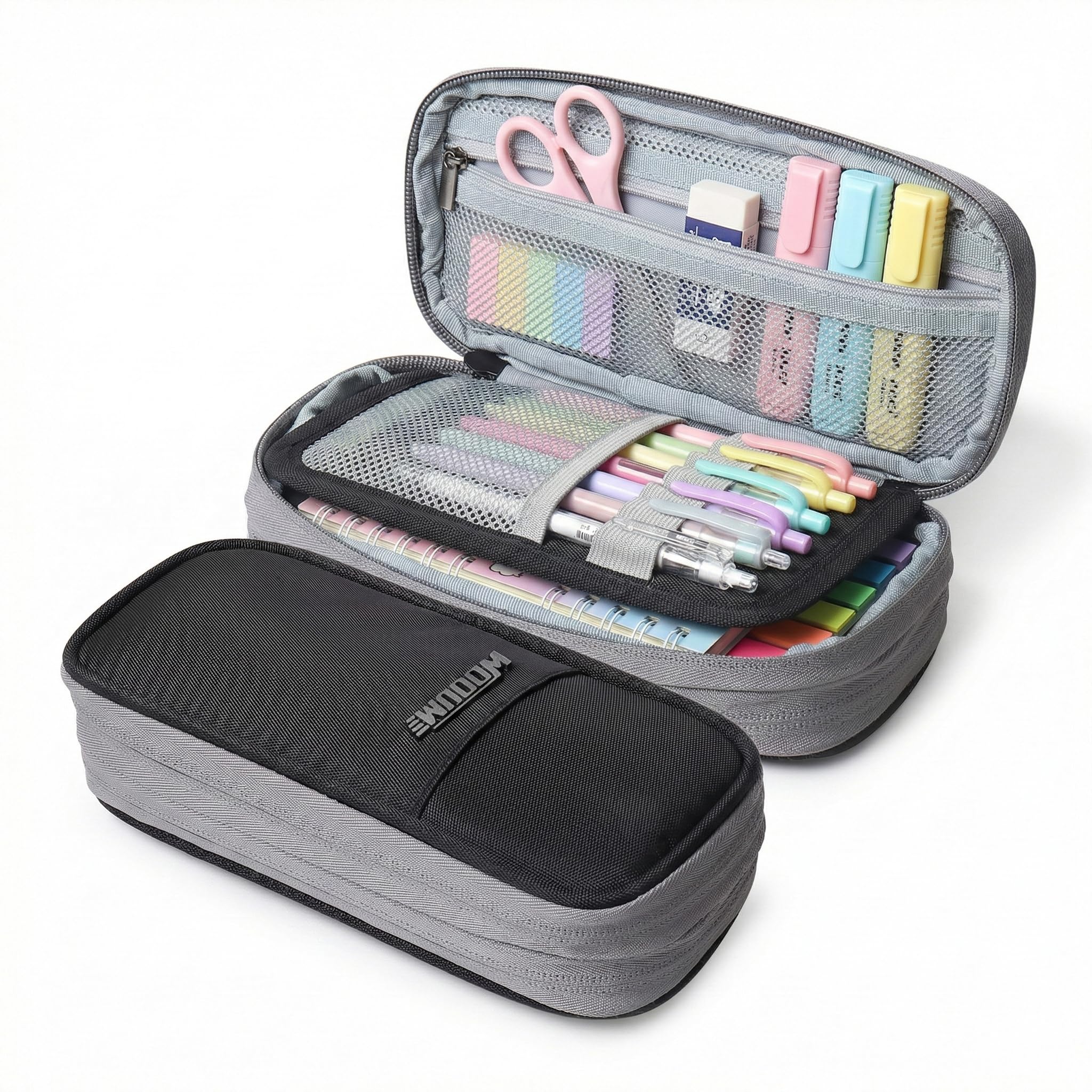 Wooum Polyester Expandable Pencil Pouch Big Pen Case Office College School Large Storage High Capacity Pouch Holder Organizer (Black-Grey)-image-13