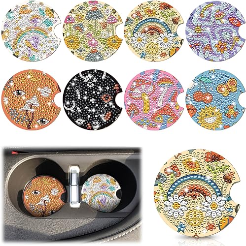 Lallisa 8 posavasos de pintura de diamante de 2.18 pulgadas, posavasos de auto con arte de diamantes bohemios, kit de posavasos pequeños vintage