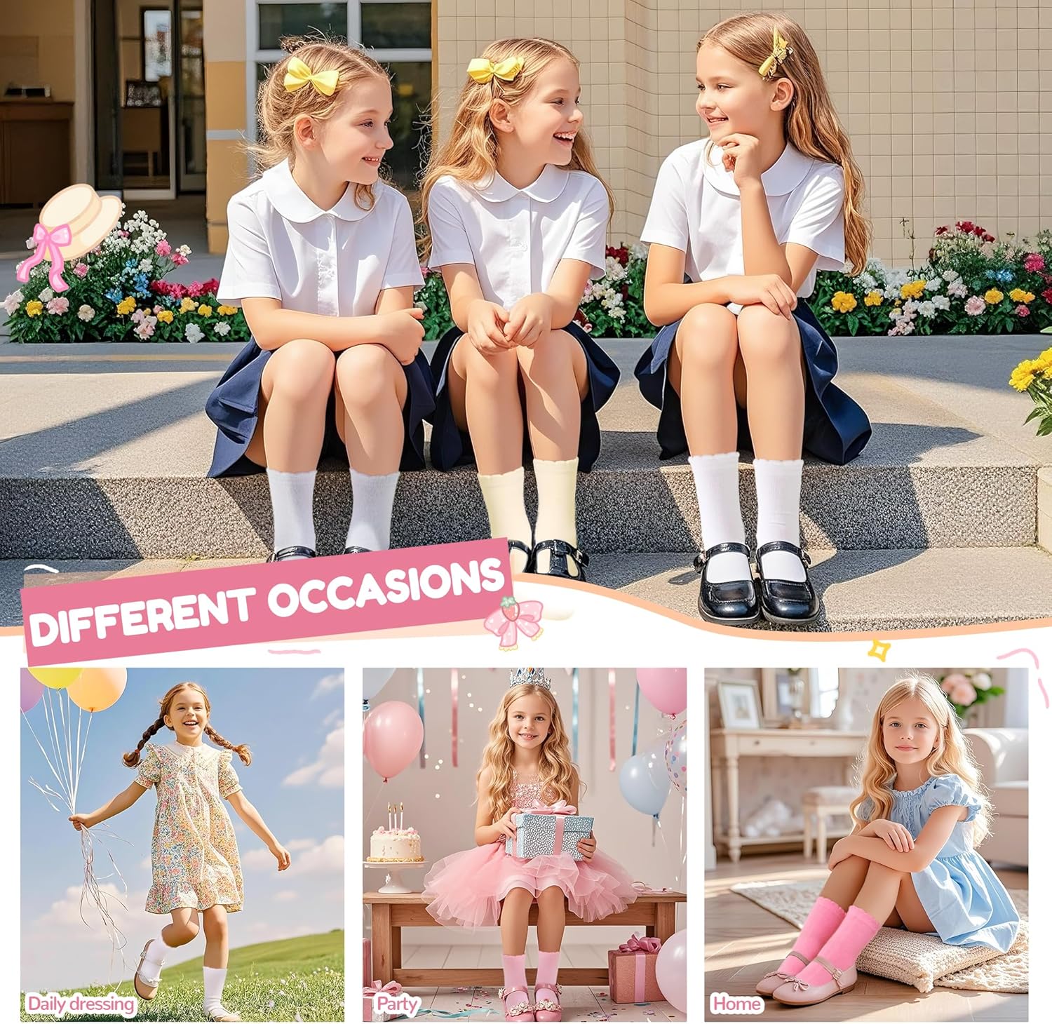 Girls Ruffle Crew Socks Little Kids School Uniform Cute Cotton Frilly Dress Socks 6 Pairs - Image 2