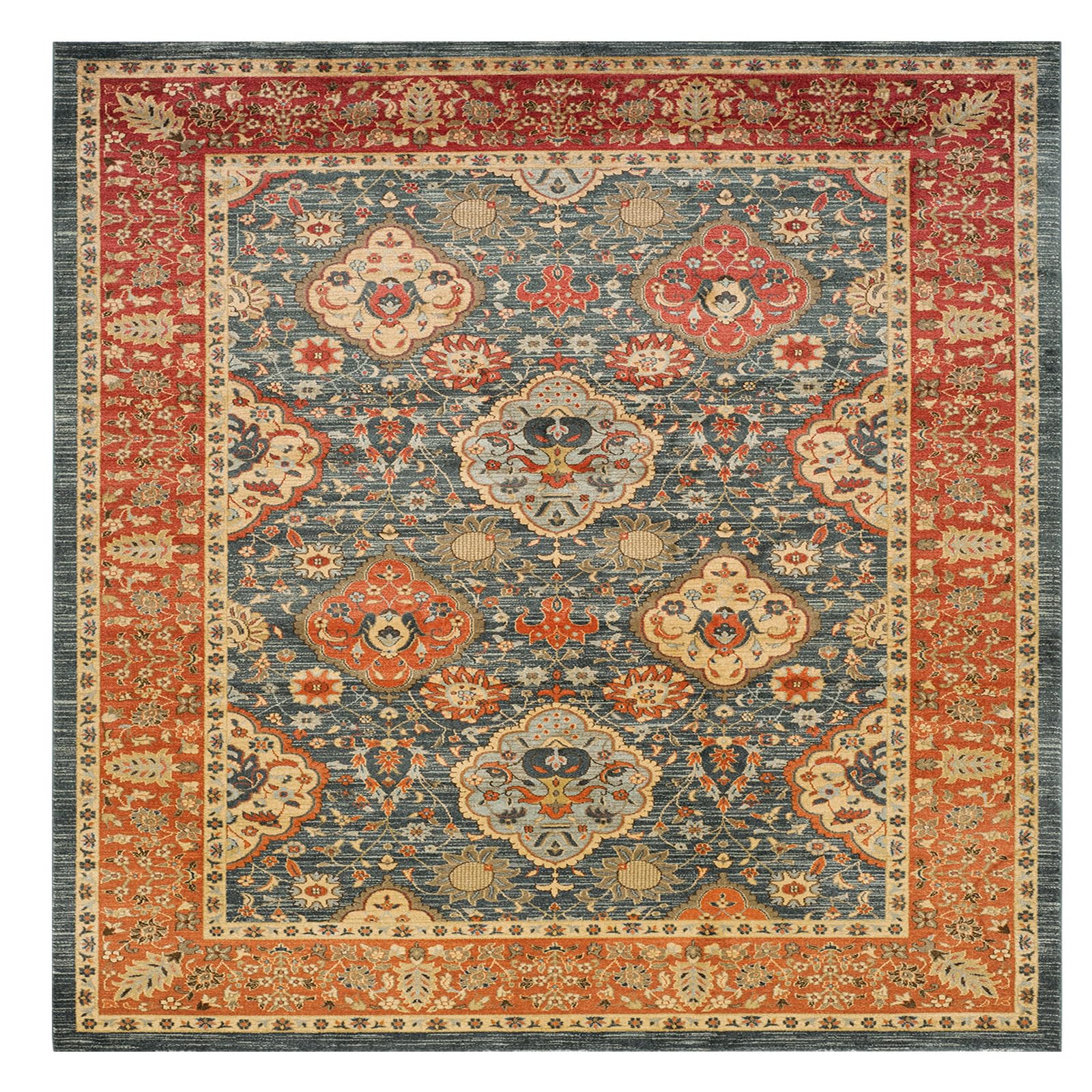 Tapis coloré à poils courts 150x150 cm beige et rouge carré lavable