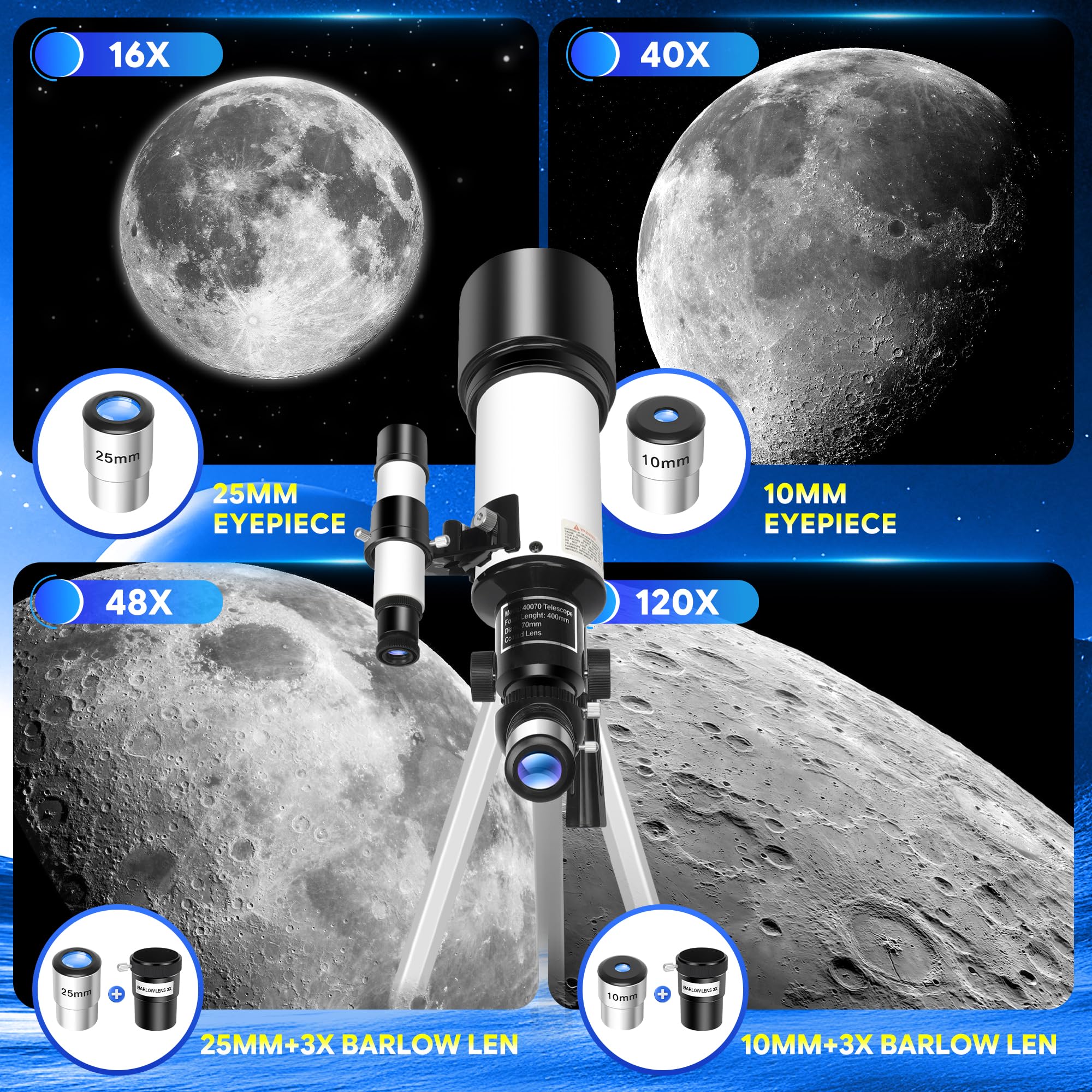 Telescopio Refractor 70/400 para Niños y Principiantes, Telescopio Astronómico Portátil con Trípode, 2 Oculares, Bolsa y 4 Puzzles Educativos de Ciencias para Observar Luna y Estrellas
