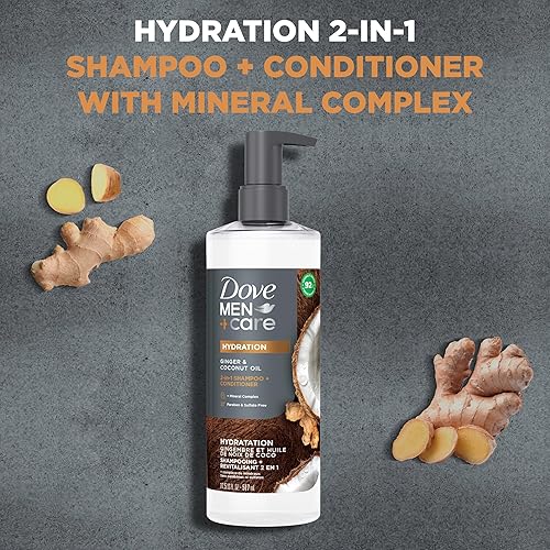 Miniatura 5 de Dove Men+Care Champú 2 en 1 + acondicionador Aceite de jengibre y coco para cabello hidratado, + Complejo mineral, 17.5 onzas
