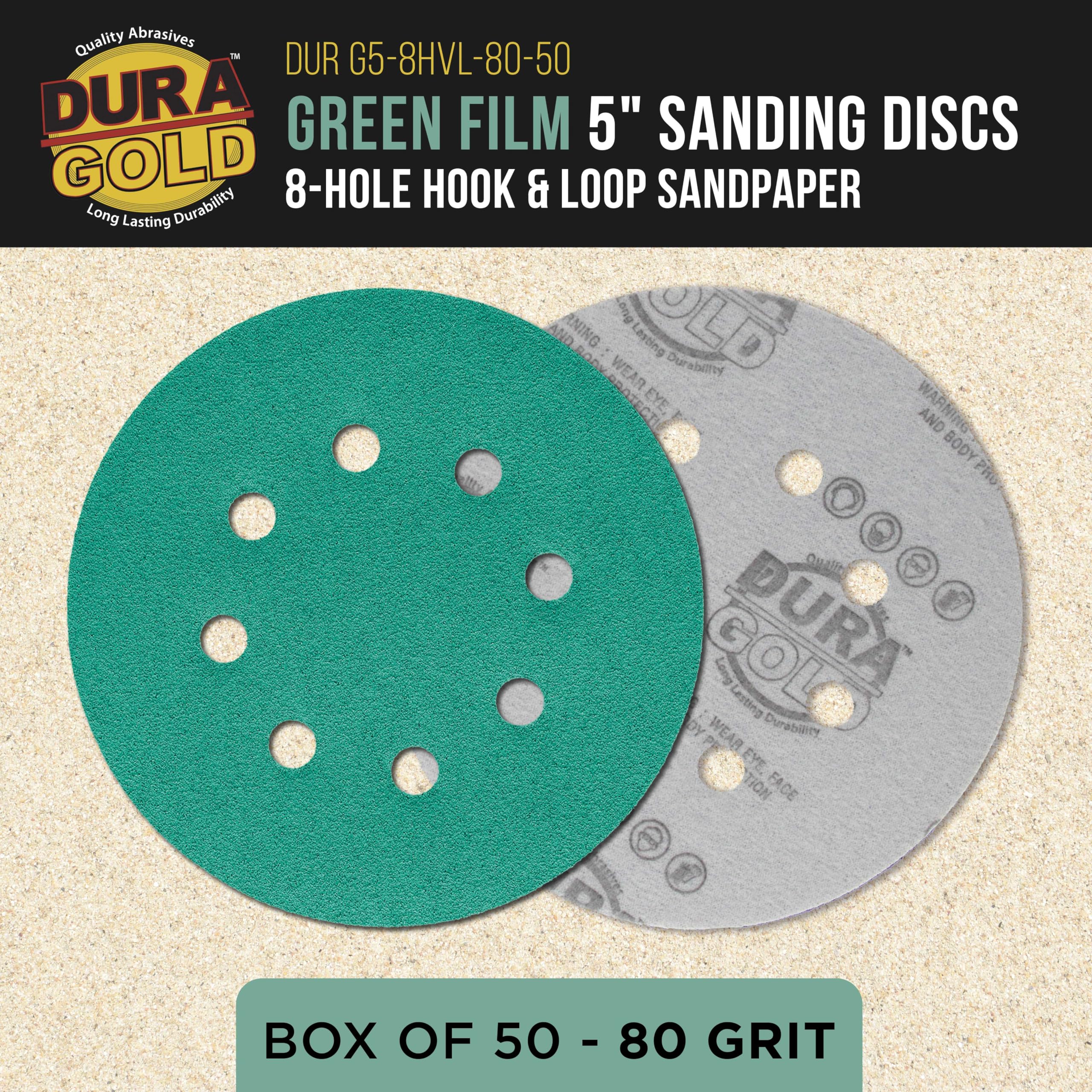 Dura-Gold Discos de lijado de película verde de grano 80 de 5 pulgadas, patrón de 8 agujeros, caja de 50 – Papel de lija sin polvo para lijadoras orbitales DA y aleatorias, pintura automotriz de arena