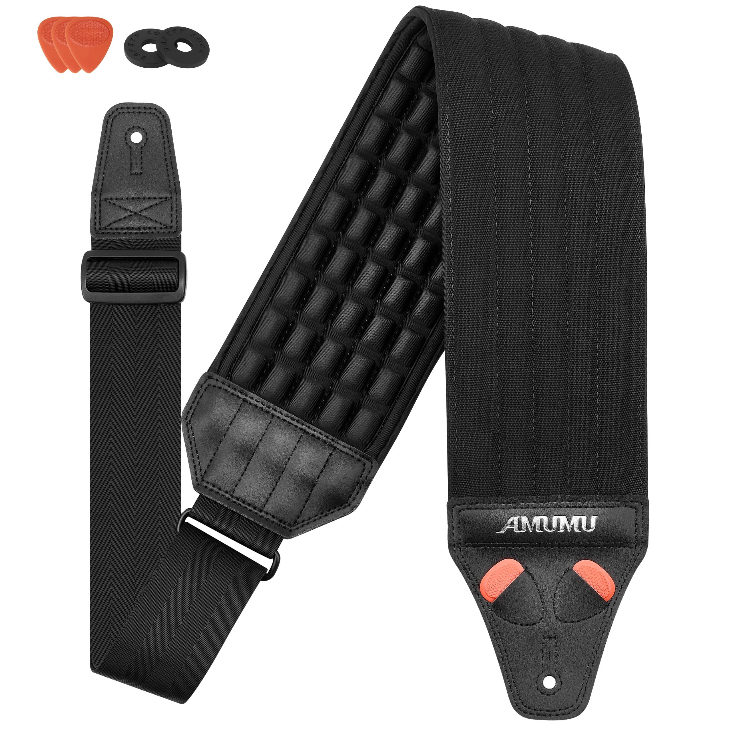 Amumu AIRAFT Bass & Guitar Strap 4'' Ultra Wide - 0,7'' Thick Breathable Convex 3D Air Cell Cushions - Neoprenowe wyściełanie - Black'