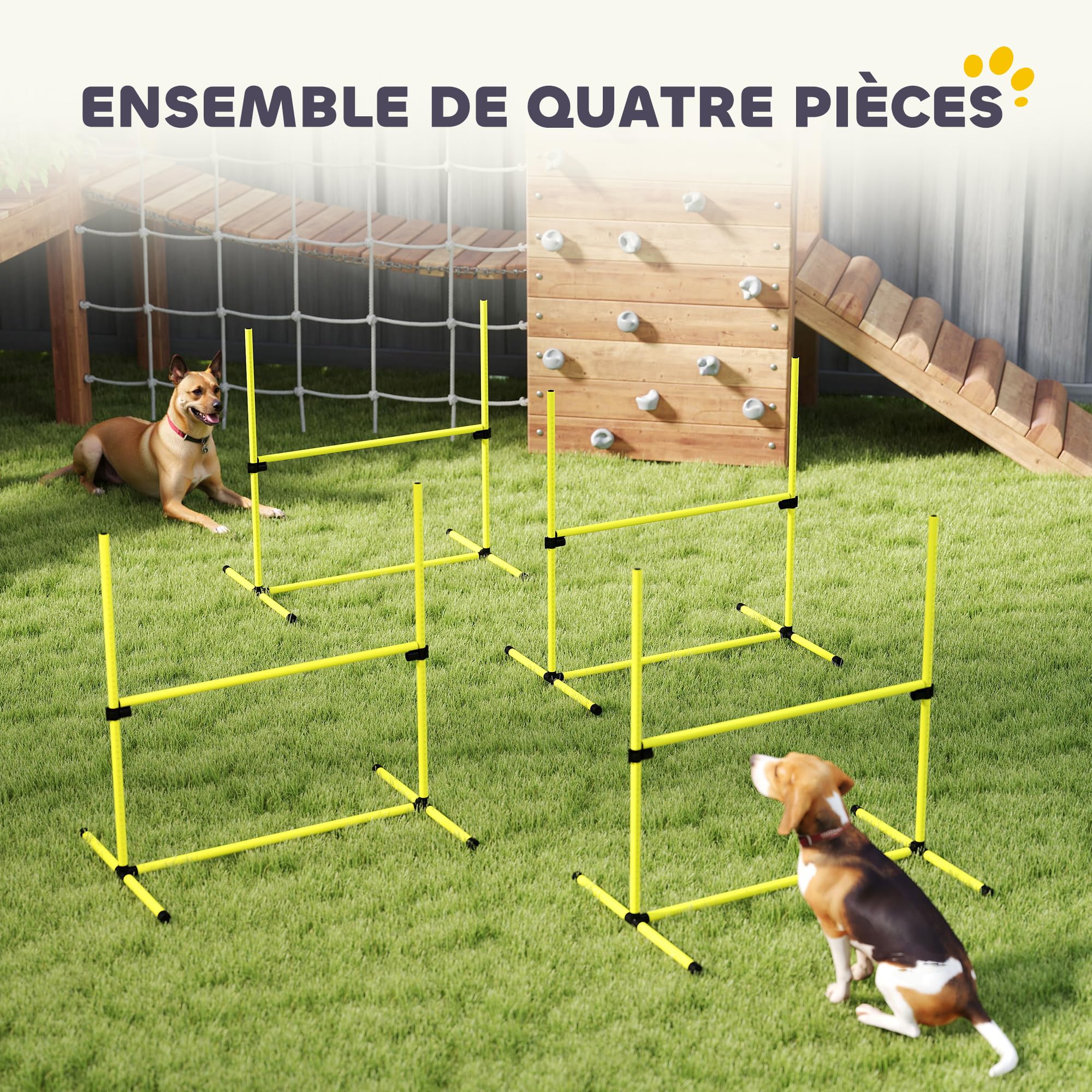 PawHut Agility pour chiens, kit agility chien parcours, set de 4 obstacles professionnels hauteur réglable, système de maintien au sol sac transport parfait pour jeux intéressants, entraînement, jaune