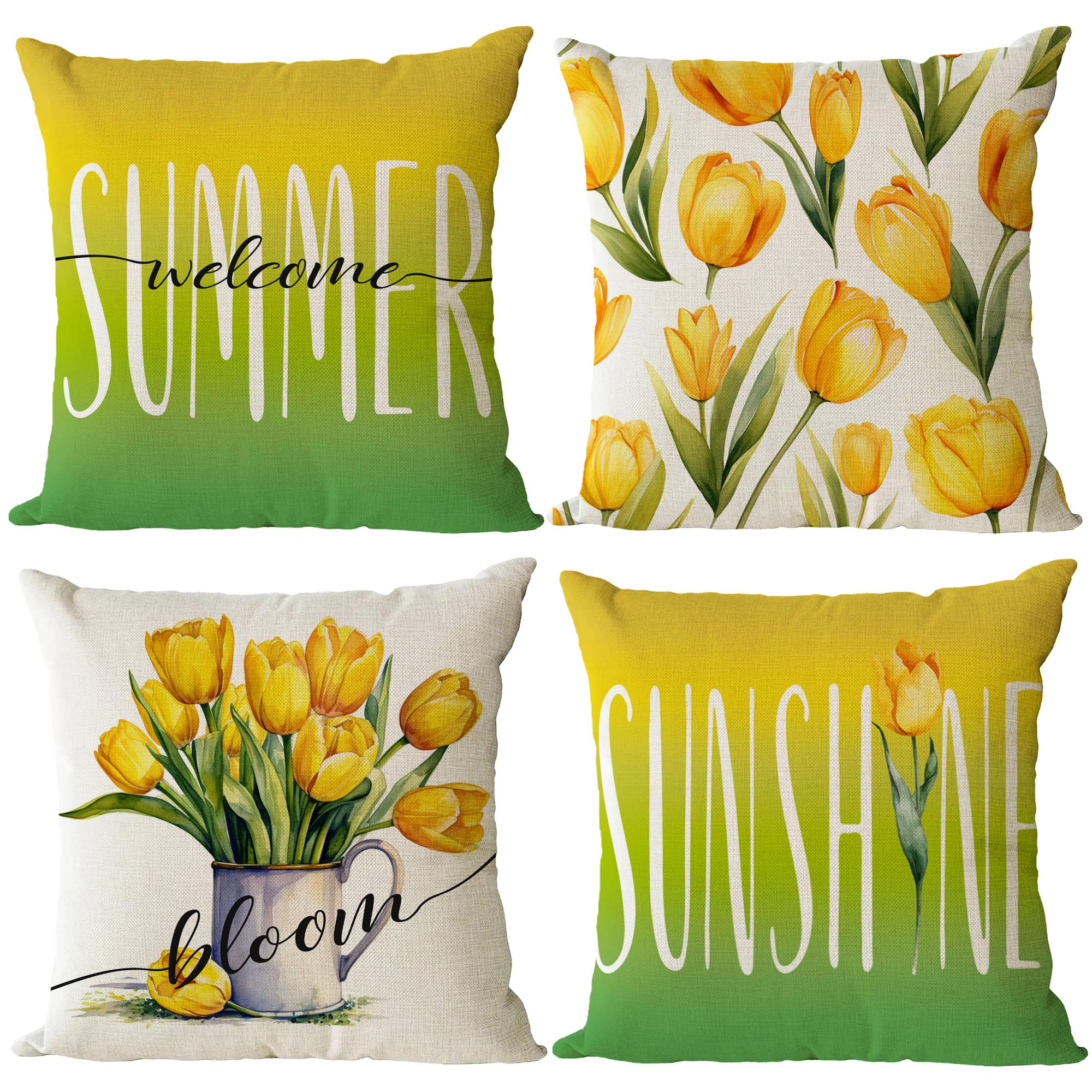 YeeJu Set of 4 Tulip Pillow Covers 12x12 Spring Summer Pillow Covers Yellow Floral Throw Pillow Covers Cushion Covers Square Flower Pillow Cases for