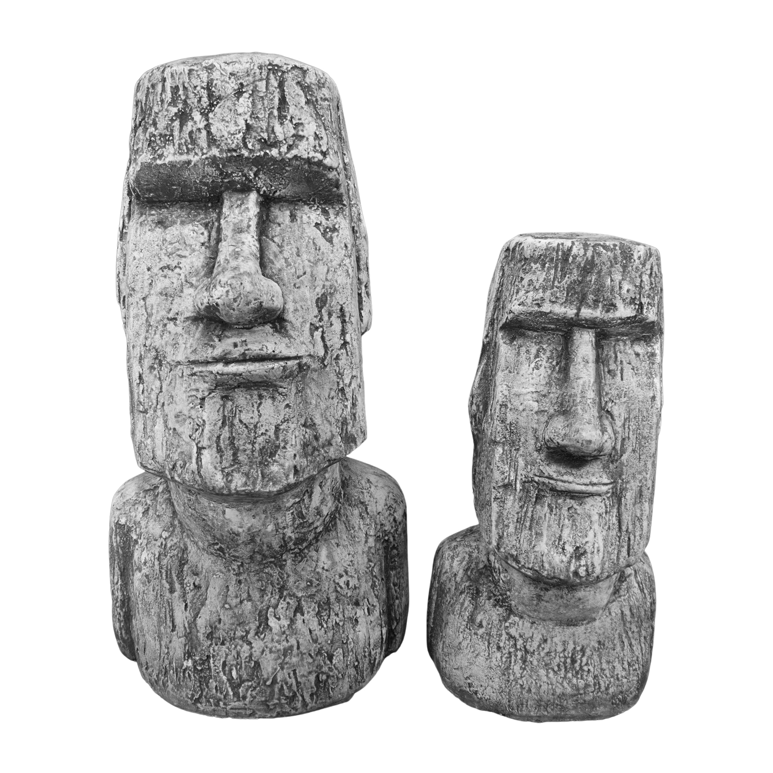 gartendekoparadies.de Set mit Zwei Moai-Stein-Statuen, Steinfigur, H. 55/41 cm, 36 kg / 16 kg, Grau, frostsicher aus Steinguss für Außenbereich