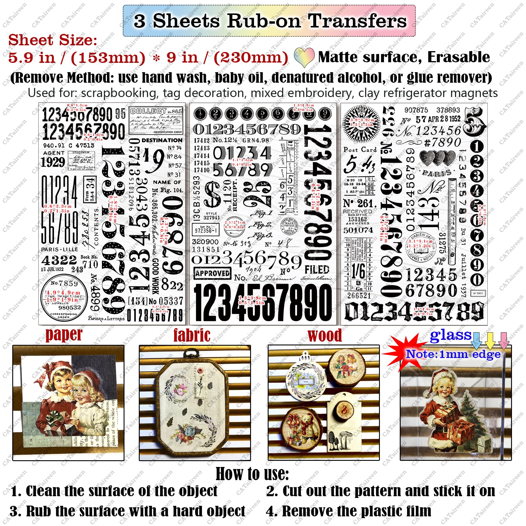 Adesivi per trasferimento a pressione per artigianato, adatti per panno, vetro, acrilico, legno, mobili, pietra, scrapbooking, piccoli oggetti vintage (numeri)