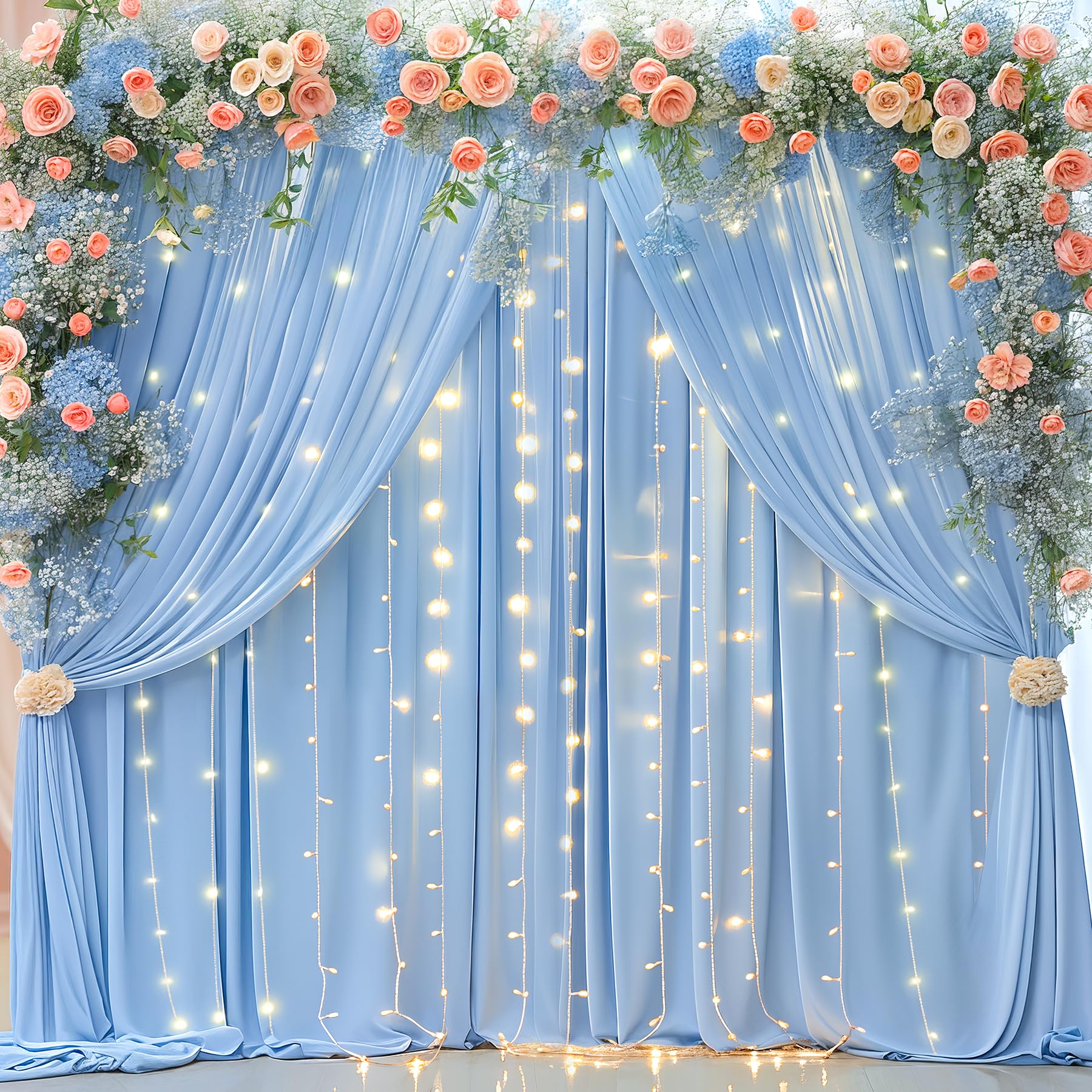 Blue Backdrop Curtains with Lights for Parties,10x10FT Wrinkle Free Polyester Wedding Photo Backdrop Curtains for Baby Shower Birthday Ceremony Reception Home Party Decorations-5ft x 10ft,2 Panels