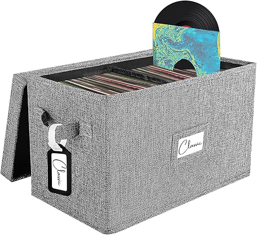 Caja de almacenamiento de discos de vinilo para LPs de 7 pulgadas45 RPM, caja gris con tapa con capacidad para hasta 80 álbumes, soporte para