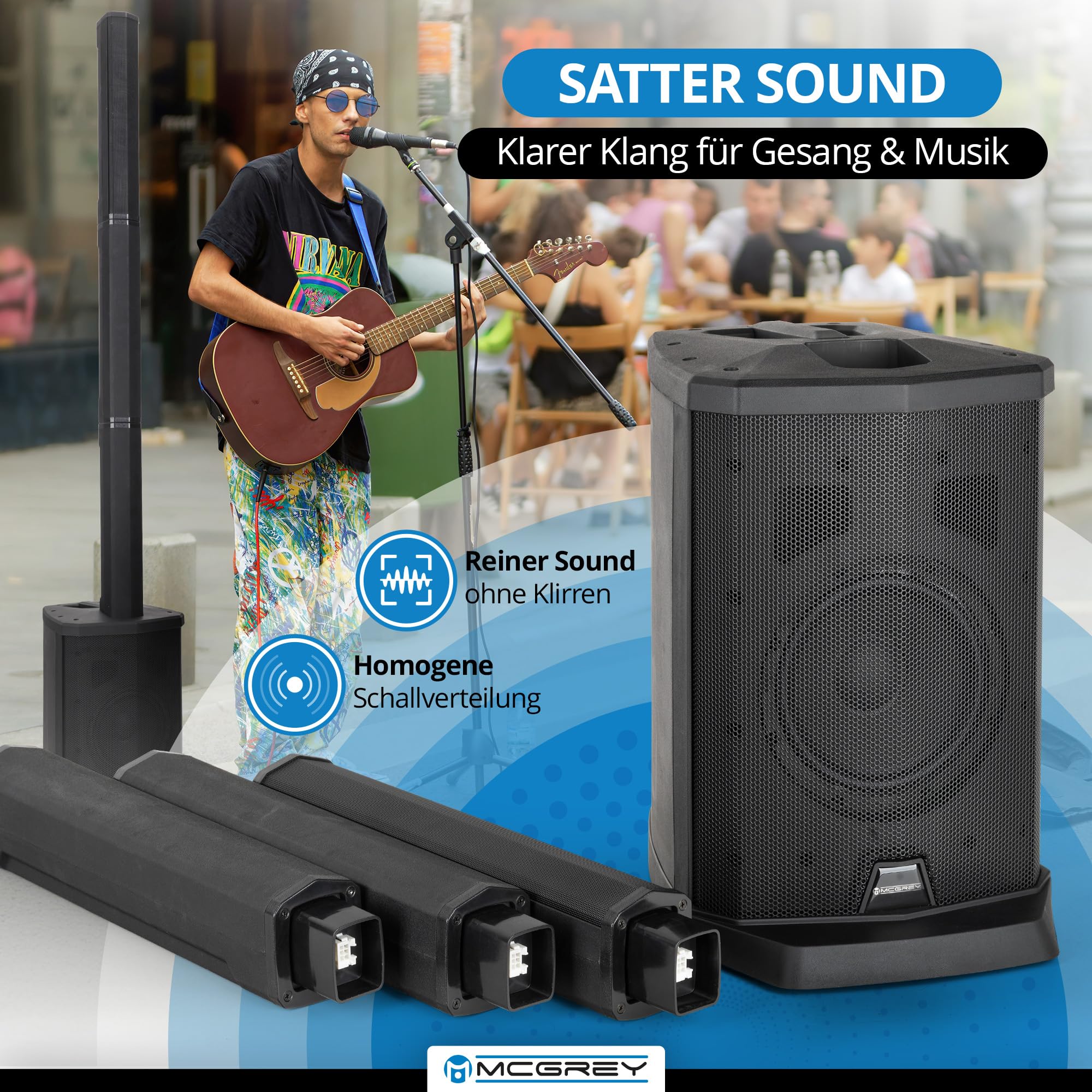 McGrey E-208LA Aktiv Line Array Säulenanlage - Schlanke Linienstrahler - PA Anlage - 100 Watt - 8" Subwoofer - 4X 2,5" Breitbandlautsprecher - USB/SD/Bluetooth Media-Player - Schwarz