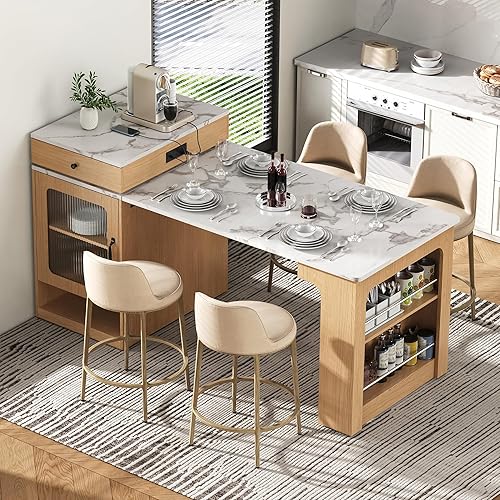 Merax 59.5" Kitchen Island with Extendable Table, Kitchen Storage Table with Double-Sized Storage, Modern Island with 2 Drawers, Power Outlet, Side Open Shelves, for Dining Room, Natural