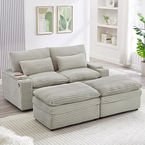 Merax Loveseat Sofa 70.9" Free-Combined Sectional Convertible Sofa Bed with Storage Space, Two Movable Ottomans, Four USB Ports and Two Cup Holders, Corduroy Upholstery for Living Room, Grey