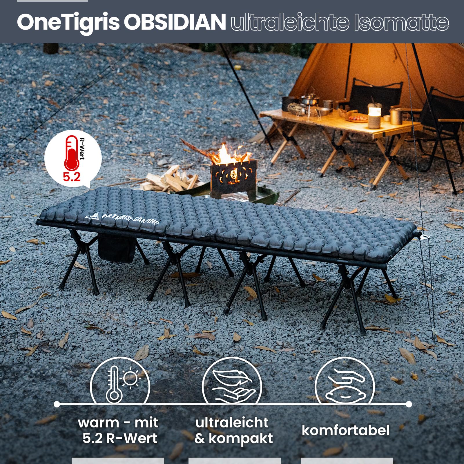 OneTigris Obsidian Isomatte Ultraleicht 8 cm mit Pumpensack, R-Wert 5,2 | 8 cm dicke Luftmatratze, Isomatte Outdoor ultraleicht faltbar, aufblasbar, für Camping, Wandern, Auto, 1 Person, 189cm×63 cm