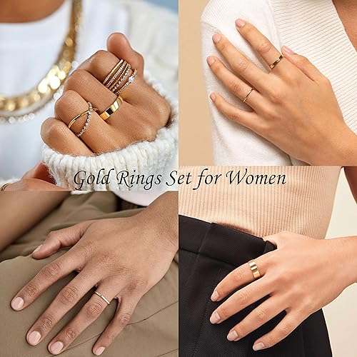 Vista 4 de Reoxvo Anillos de oro para mujer, juego de anillos apilables de oro de 14 quilates para mujer, anillos gruesos y gruesos que no se deslustran