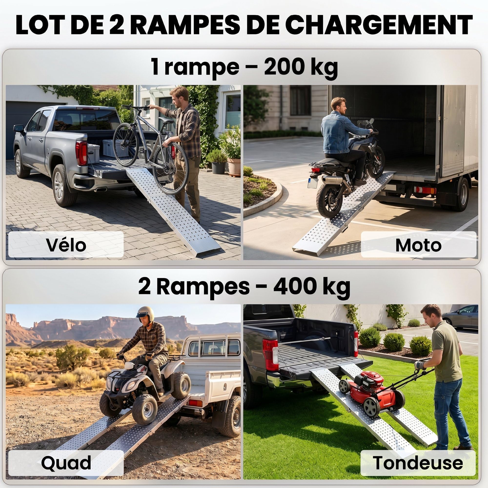 HOMCOM Rampes de Chargement Pliantes Lot de 2 180 x 25,5 cm Argent | Avec Poignées, Rampe d'Accès en Métal Galvanisé, Surface Antidérapante, Charge Max. 400 kg, pour Moto Quad ATV Remorque