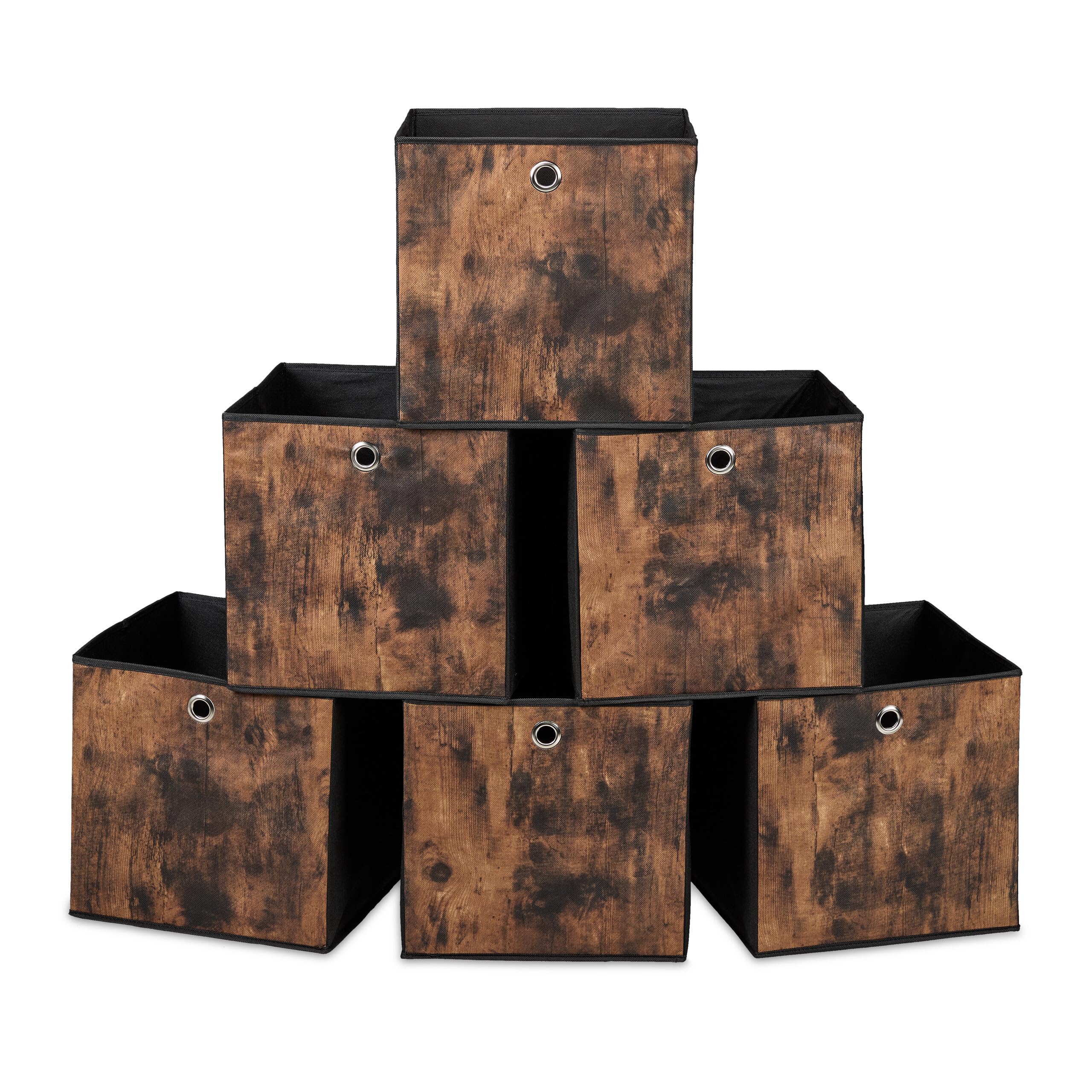 Relaxdays Fabric Storage Cubes, Set of 6, HxWxD: 30x30x30 cm, Wood Effect, Foldable, Shelf Organiser Boxes, Black/Brown, Plastic, Cardboard, Steel
