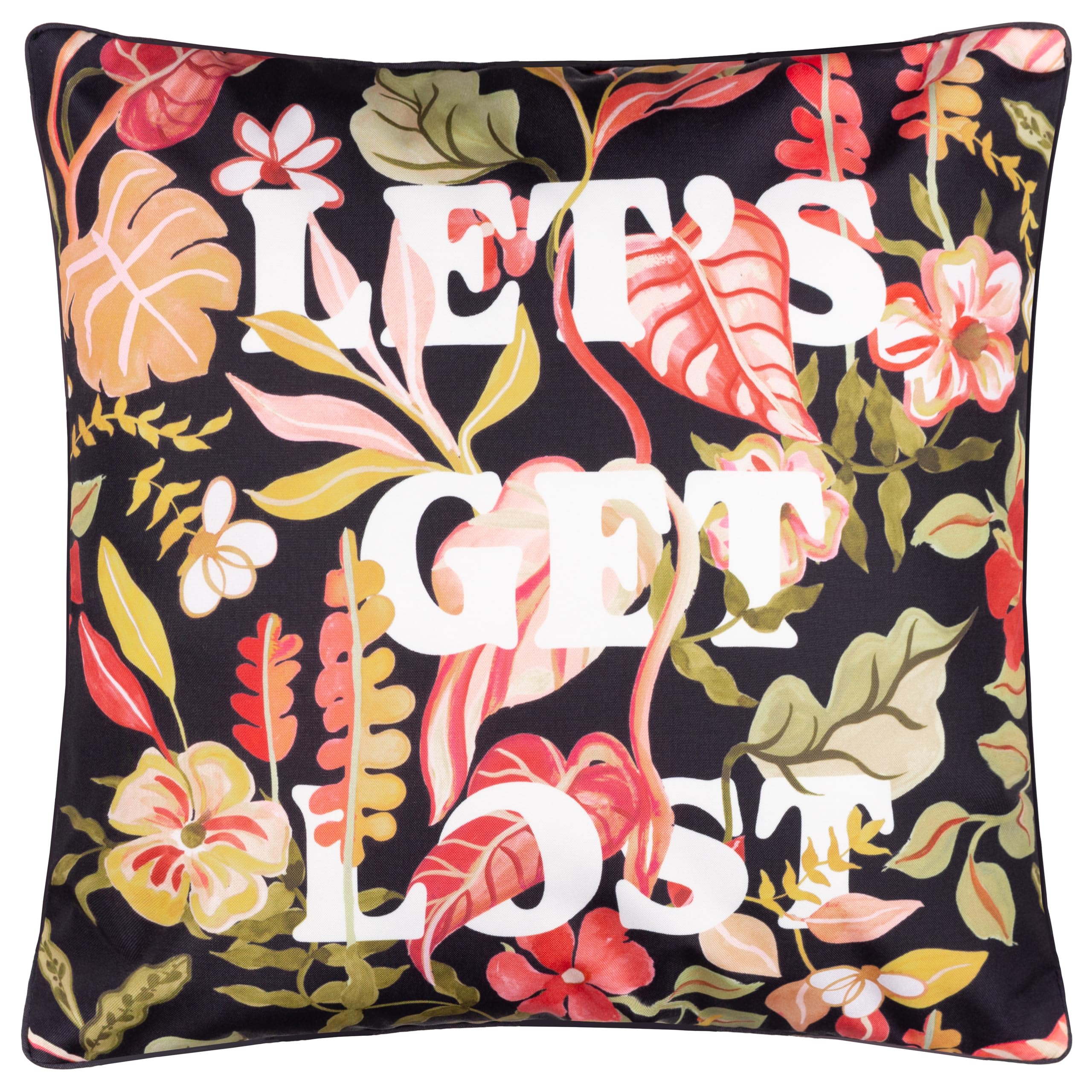 furn. Tropical Bloom Cushion Cover – Reversible Water Resistant Tropical Slogan Stripe Outdoor Decorative Case (Black - 45x45cm)