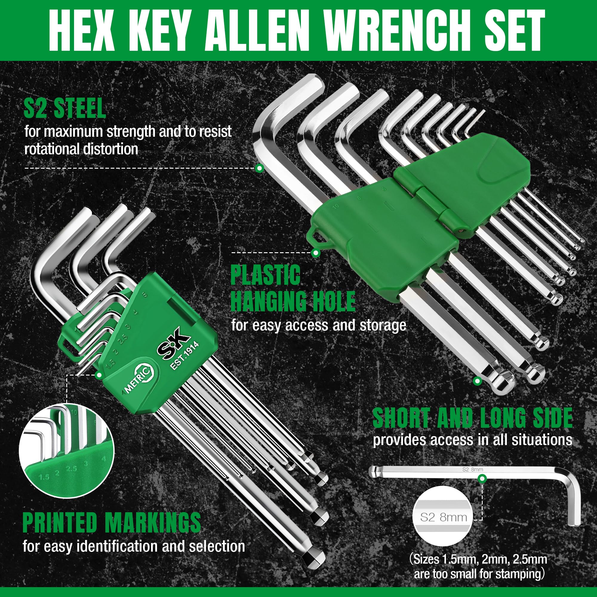 SK 9-teiliges Inbusschlüssel-Set, Klappbarer Sechskantschlüsselsatz, metrischer Kugelkopf-Sechskant-L-Key, S2-Stahl