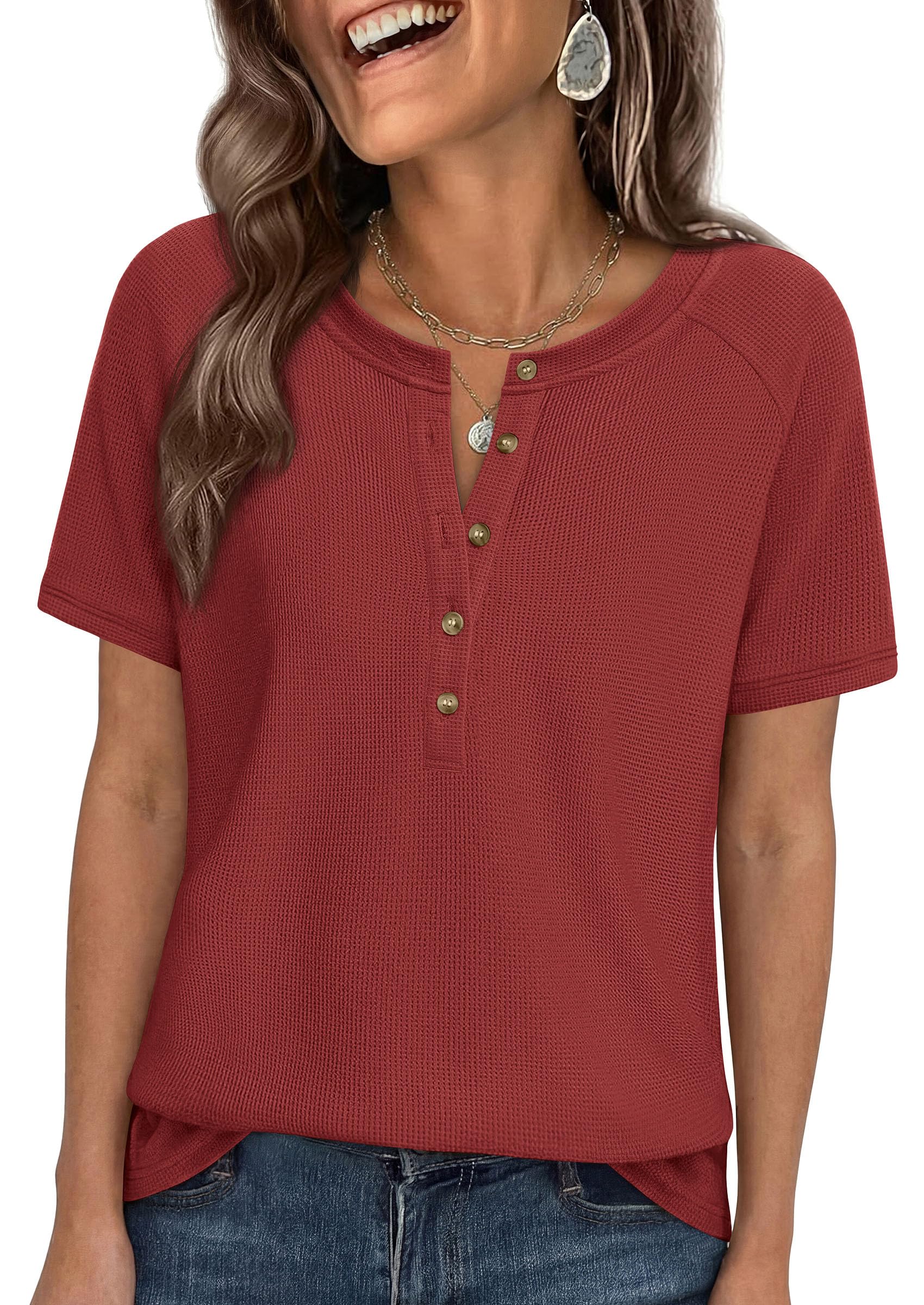PRETTYGARDEN Waffle Knit Tops for Women Short Sleeve Henley Shirts 2026 Summer Blouses Dressy Casual Spring Fashion Clothes — view 10