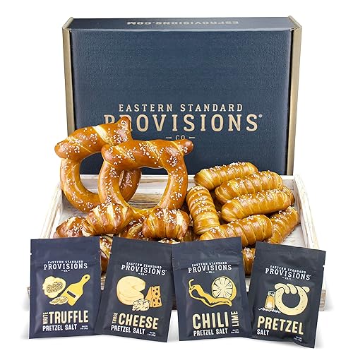 Eastern Standard Provisions Caja de regalo de pretzel suave recién horneado pretzeles artesanales recién horneados paquete variado con sal gourmet