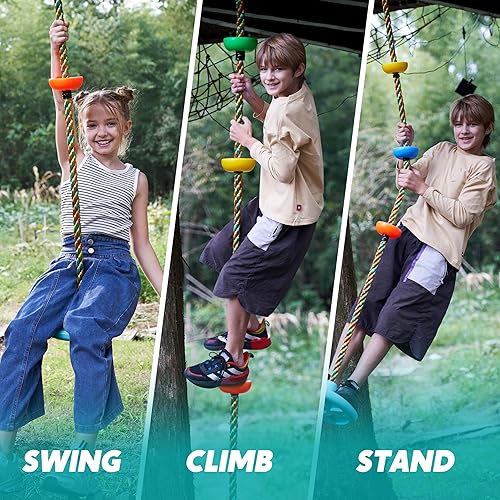 Miniatura 7 de TURFEE Columpio de árbol para niños, árbol de cuerda de escalada azul con plataformas y asiento de disco, asiento de un solo disco y cuerda de