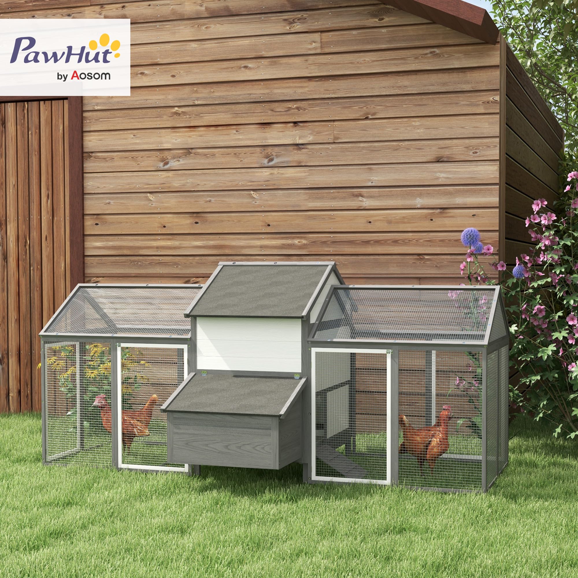 PawHut Poulailler en Bois avec pondoir 247 x 118 x 113,5 cm Gris