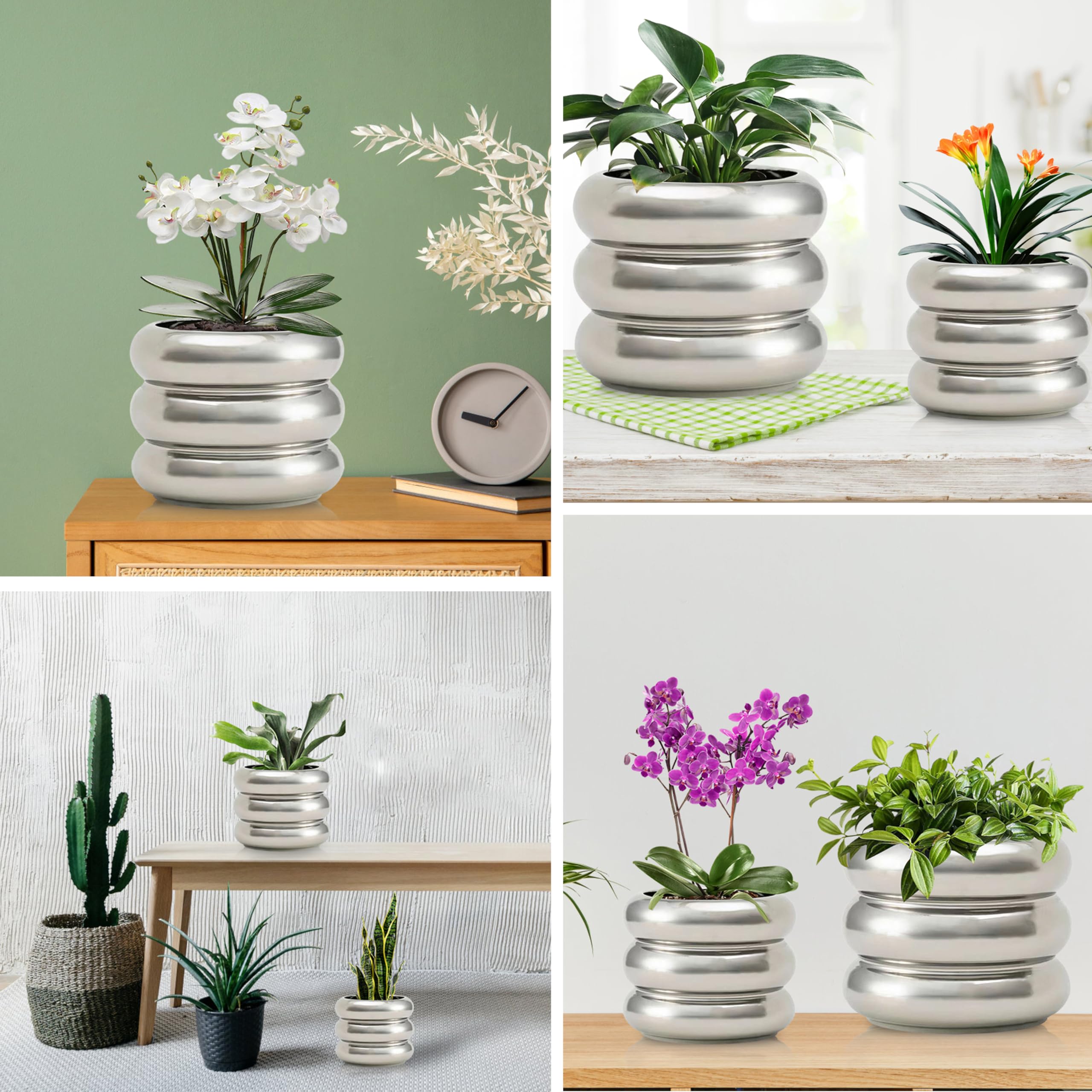 2-teiliges modernes Keramik-Pflanzgefäß, 16,5/11,9 cm silberfarbenes Pflanztopf-Set aus 2 einzigartigen Pflanzgefäßen für drinnen und draußen mit Drainagelöchern, Heim- und Bürodekoration