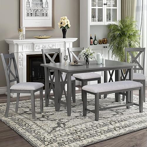 Merax Juego de comedor familiar de 6 piezas mesa plegable de madera maciza 4 sillas y banco con cojín gris-1-6 piezas