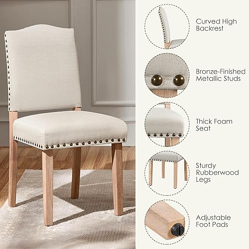 Miniatura 6 de Yaheetech Juego de 4 sillas de comedor de tela Parsons con ribete de cabeza de clavo y patas de madera maciza para el hogar, cocina, comedor, beige