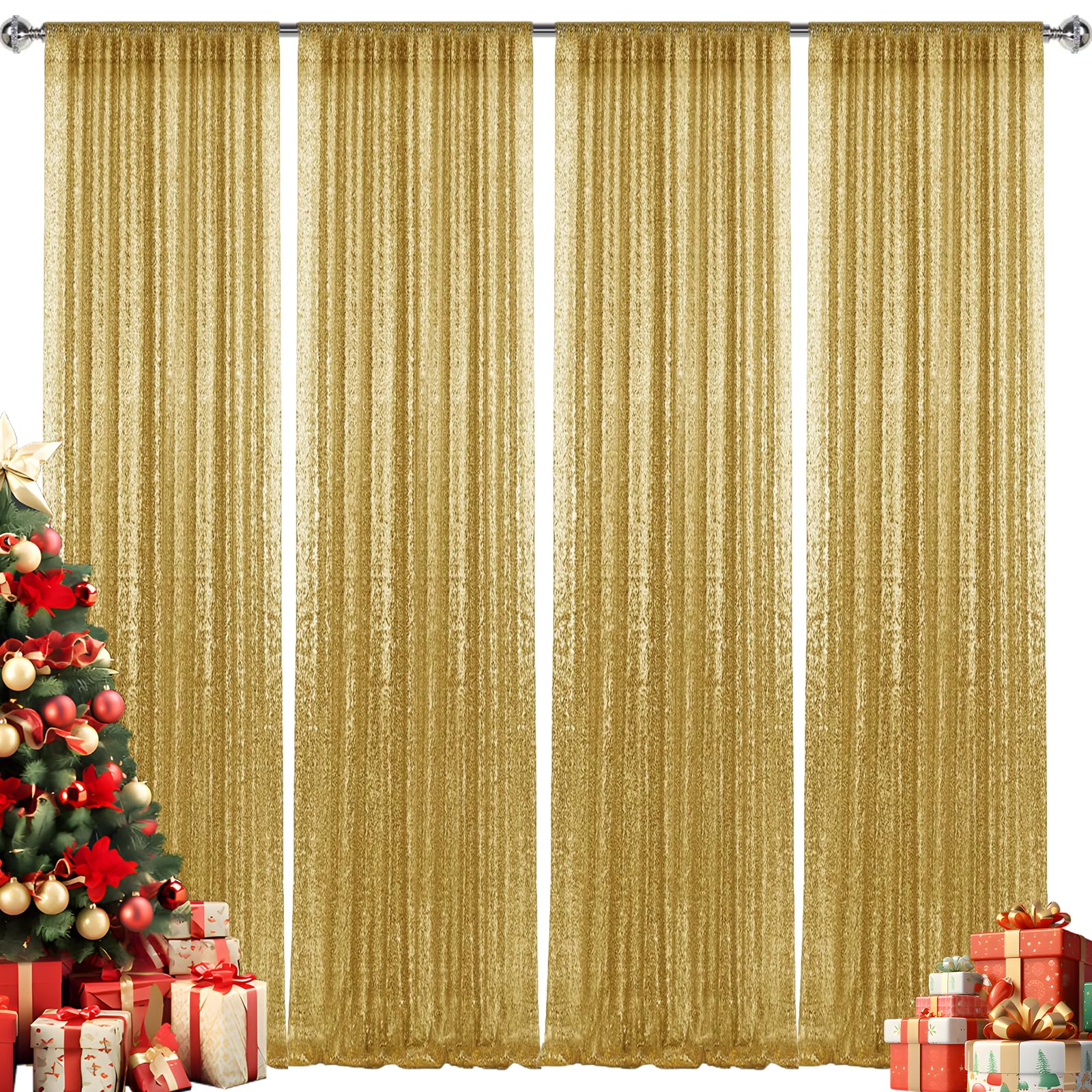 Photo 1 of 2×8FT-4PCS Gold Sequin Backdrop Curtains Panels, Photography Backdrop Glitter Curtains Fabric Background for Christmas Wedding Party Decor