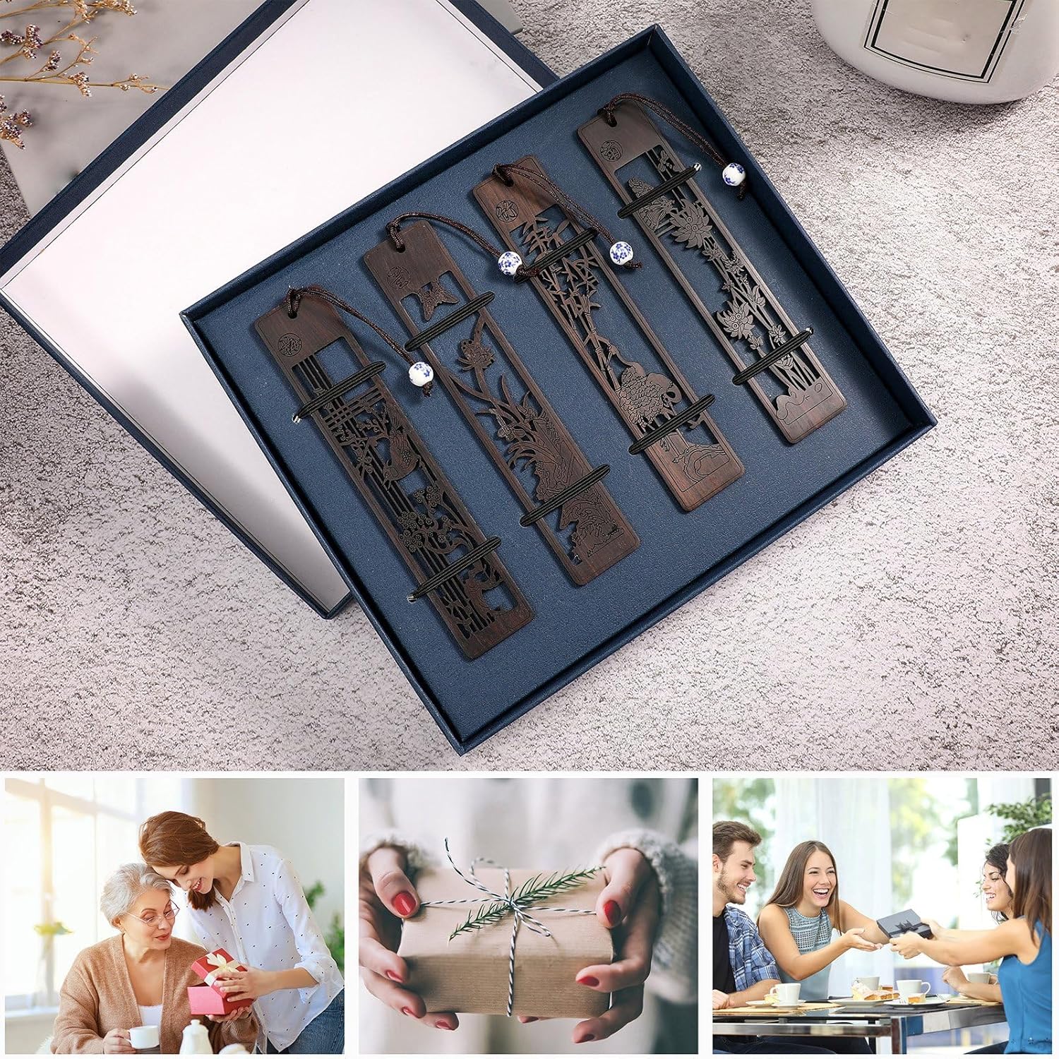 Outus 4 Pieces Wooden Bookmarks for Men Women Employee Appreciation Gifts Valentine's Day Gifts for Men Vintage Handmade Bookmarks Natural Wood Carving for Book Lovers Birthday(Hollow Style) - Image 7