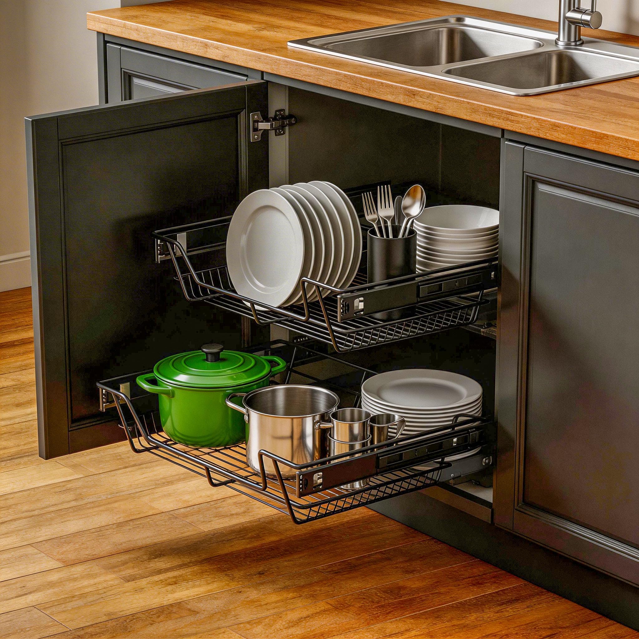 FIVMEN Ausziehbare Schublade Küche 2x 50cm Metall Teleskopschublade mit Schienen, Schublade Korbauszug Geräuscharm Küchen Organizer für Küche Badezimmer Abstellraum, Schwarz