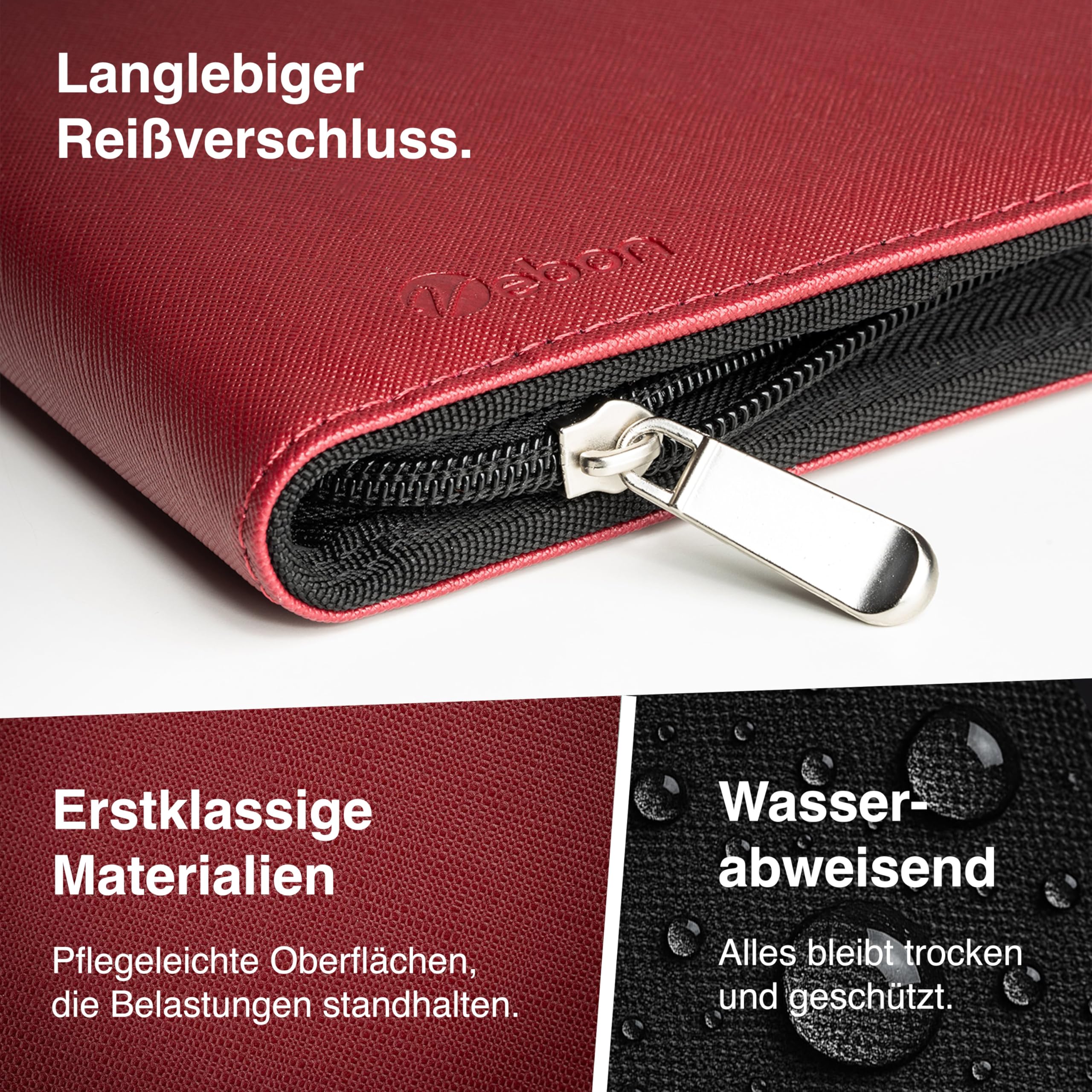 Vebon® Carpeta de conferencias A4 'London' de piel vegana con cremallera y funda para ordenador portátil, soporte para smartphone y portapapeles, kirschrot