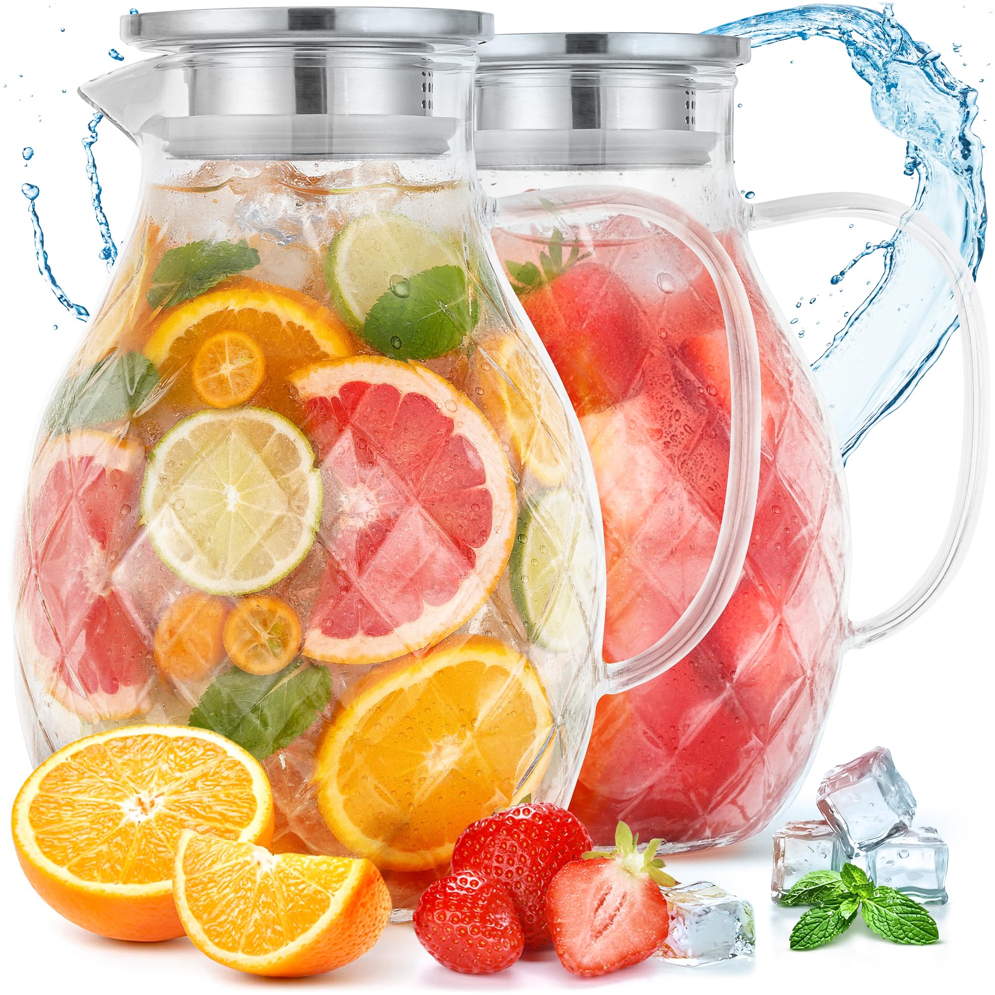 Premium Borosilicate Glass Jug with Lid and Spout - 2 Pack, 2 Litre / 68 oz Each, Borosilicate Glass with Handle - Carafe for Hot/Cold Beverages - Water Jug - Iced Tea Pitcher - Juice Server